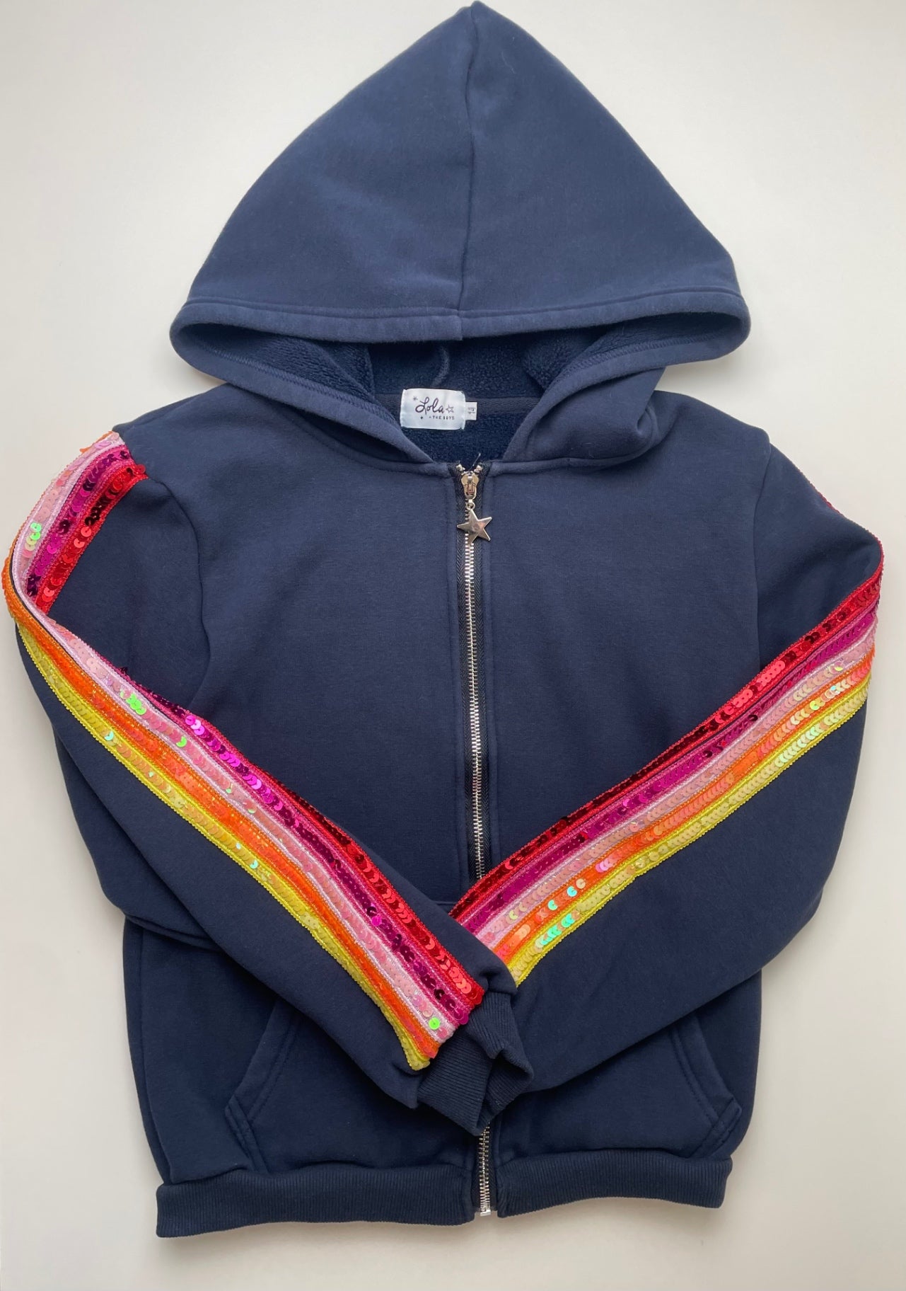Lola & The Boys Sweatshirt - Navy Blue Full Zip Hoodie Sequin Sleeves | size 14