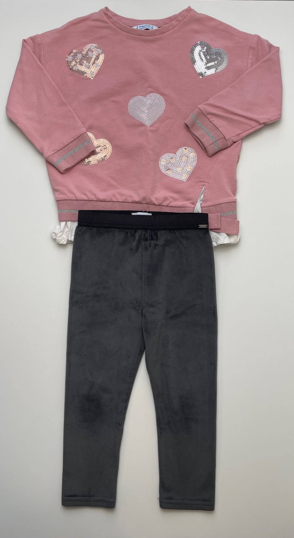 Mayoral 2 Piece Ensemble - Pink Sequin Hearts + Velvet Leggings | size 3T