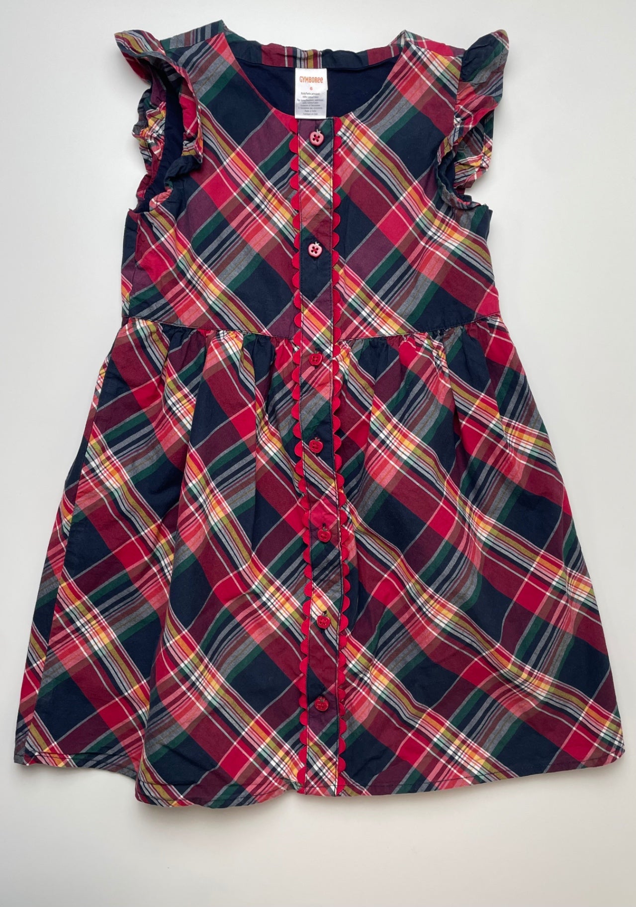 Gymboree Dress - Red Plaid + Apple Buttons 100% Cotton | size 6