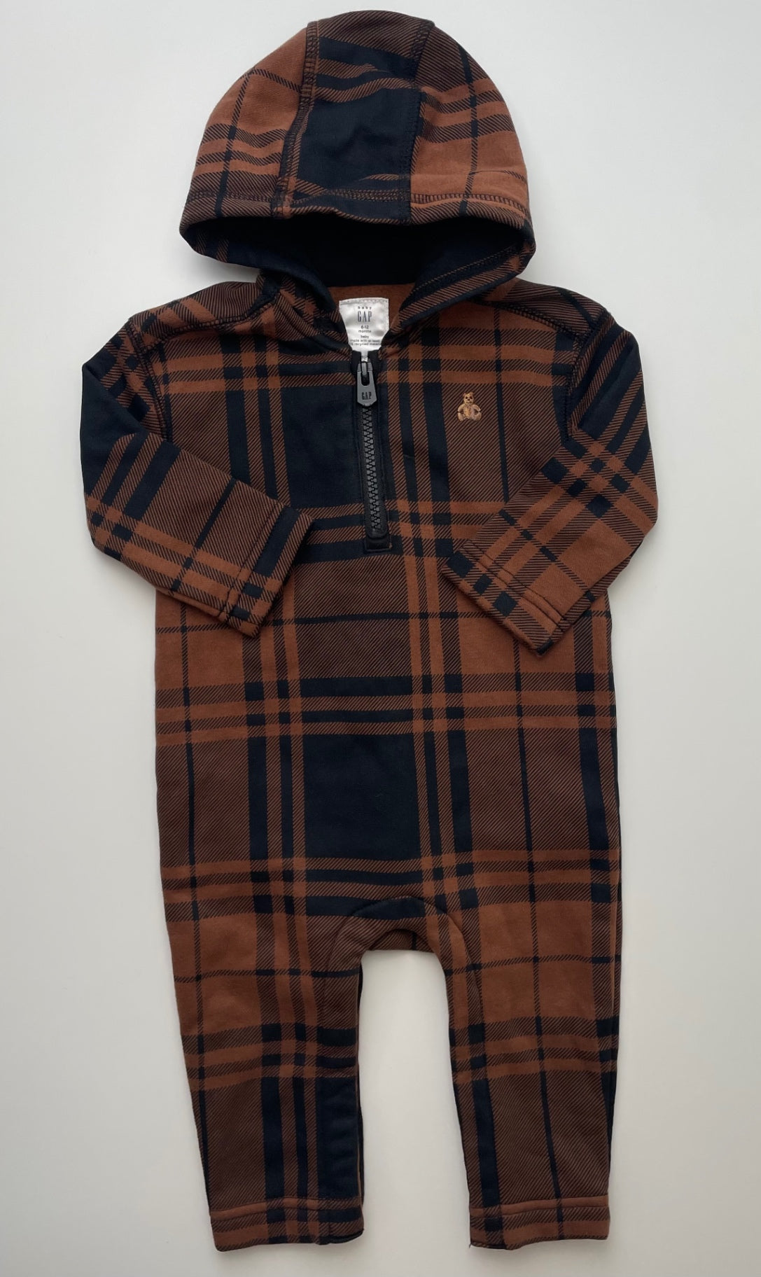 Baby Gap Onesie - Brown Plaid w/ Hood | size 6 - 12 Months