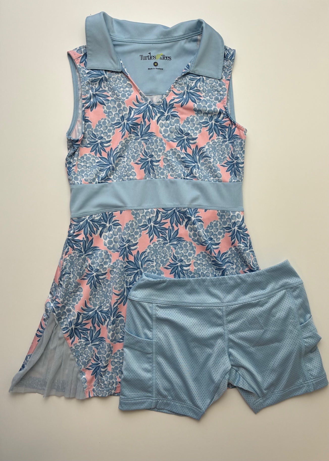 Turtles & Tees Dress - Blue Athletic Pineapple Pattern w/ Undershorts | size 7/8
