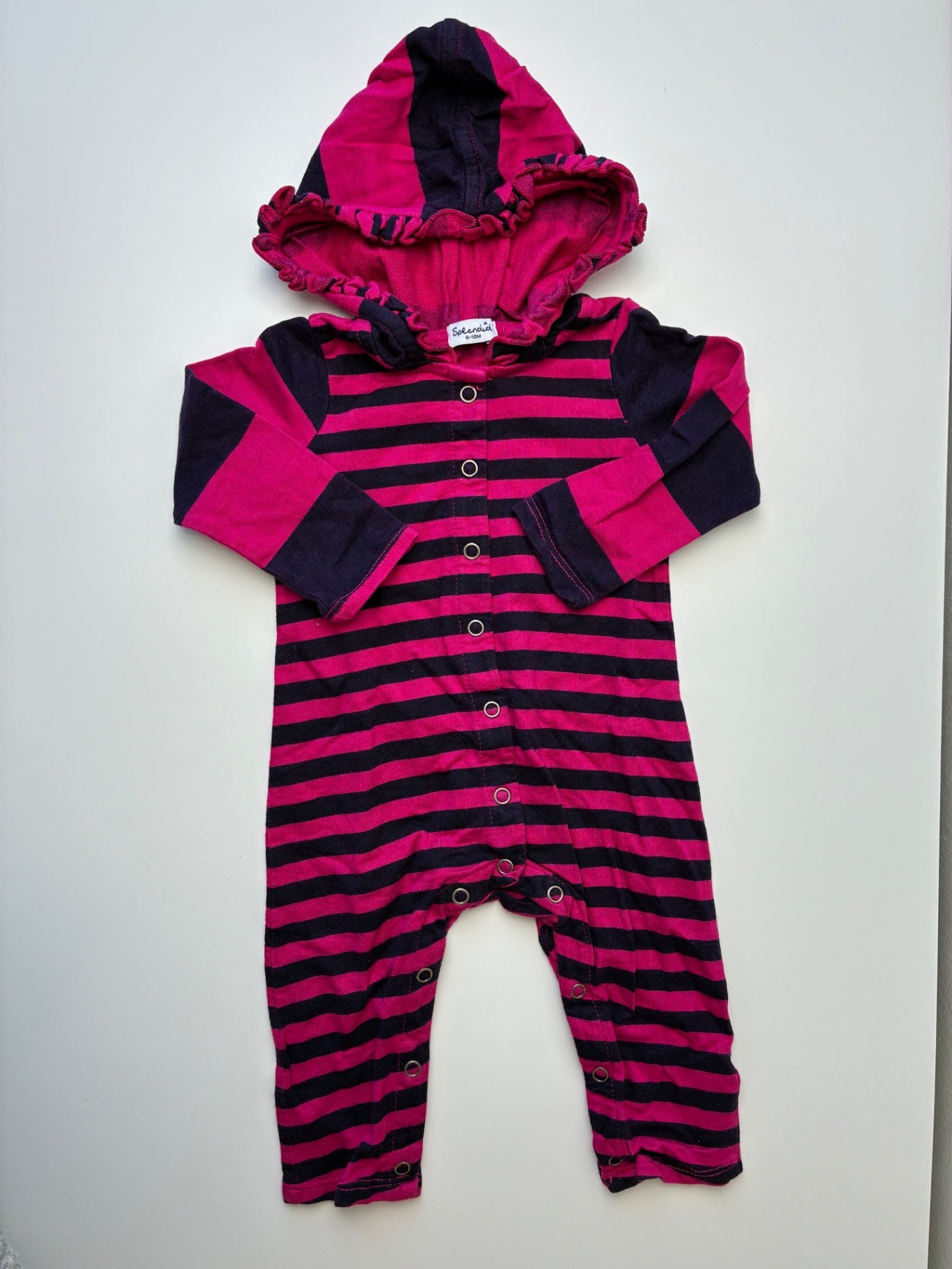 Splendid Onesie - Pink Stripes + Hood | size 6 - 12 Months