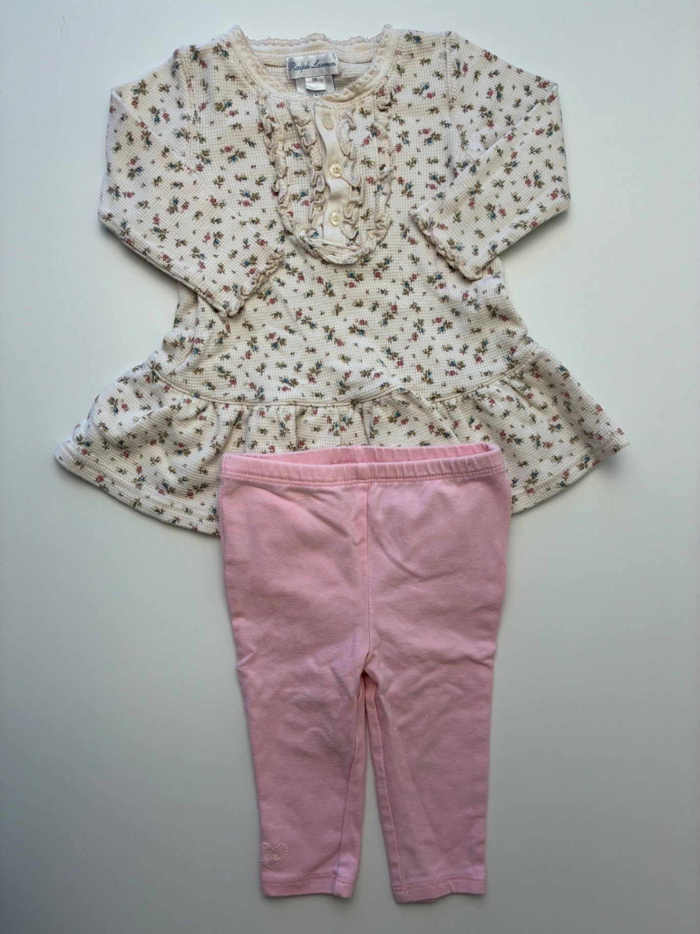 Ralph Lauren 2 Piece Ensemble - Cream Floral Waffle Knit Dress + Leggings | size 9 Months