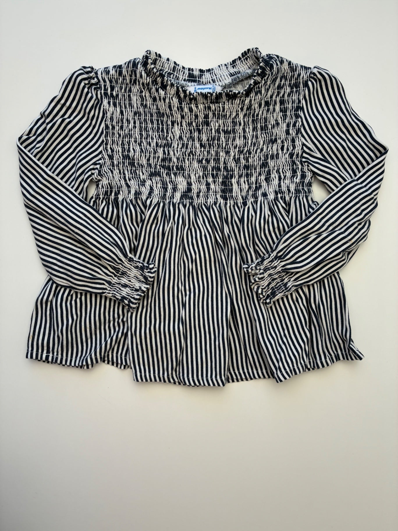 Mayoral Shirt - Navy Blue Shirred + Striped | size 3T