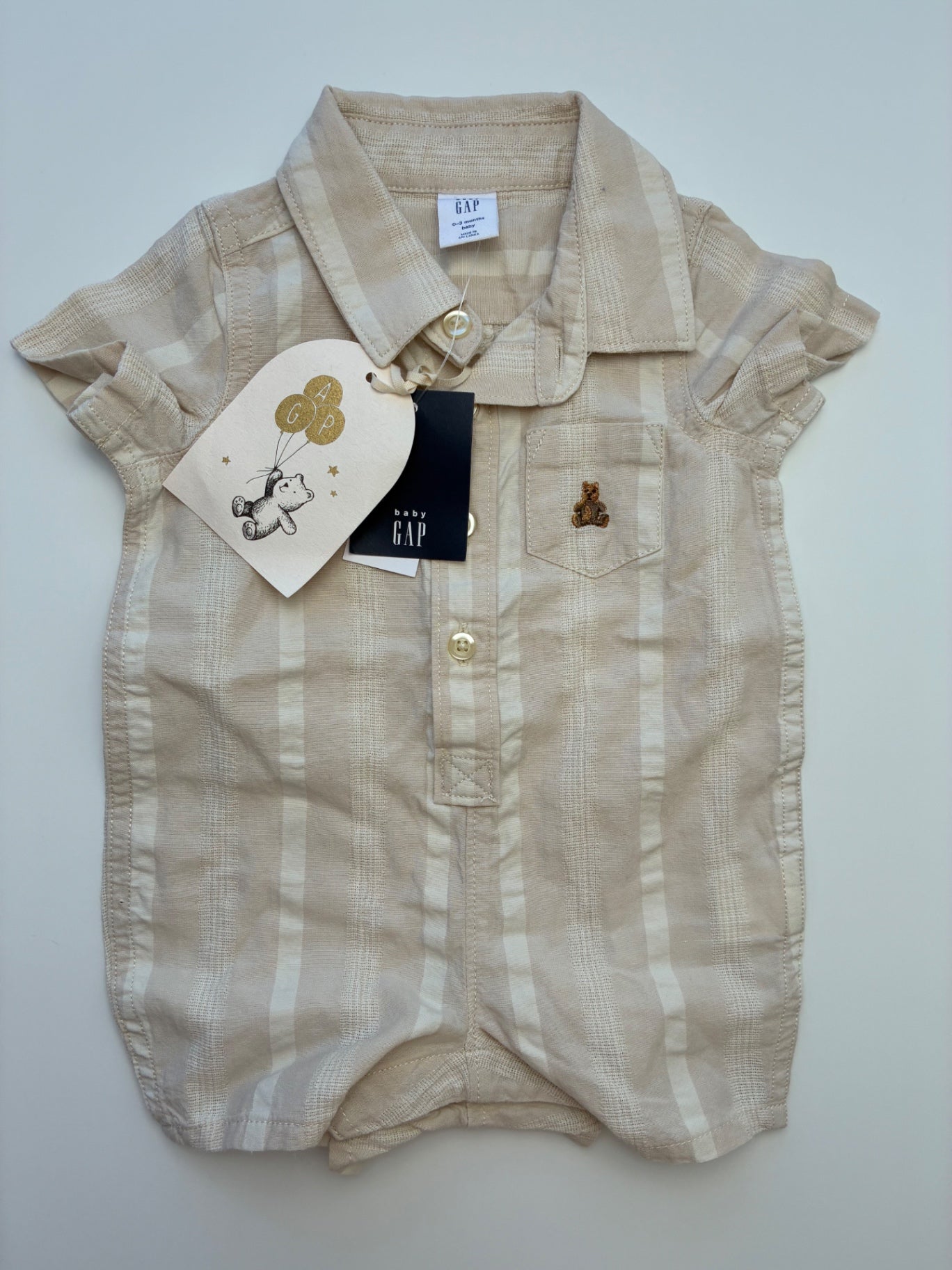 Baby Gap Onesie - Tan Striped Button Up 100% Cotton | size 0 - 3 Months