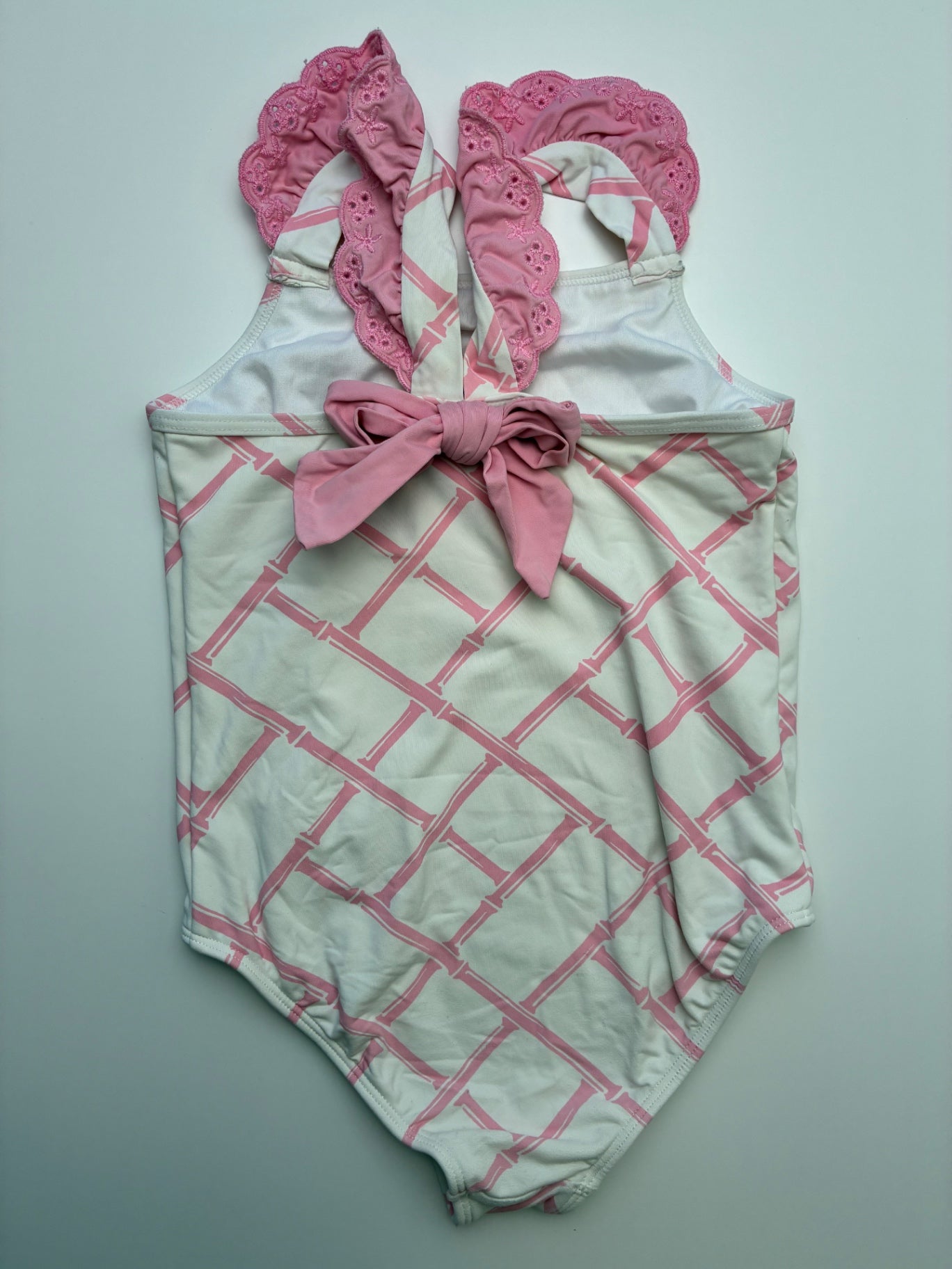 The Beaufort Bonnet Company Swimsuit - Pink Grid + Eyelet Ruffle One Piece | size 4T