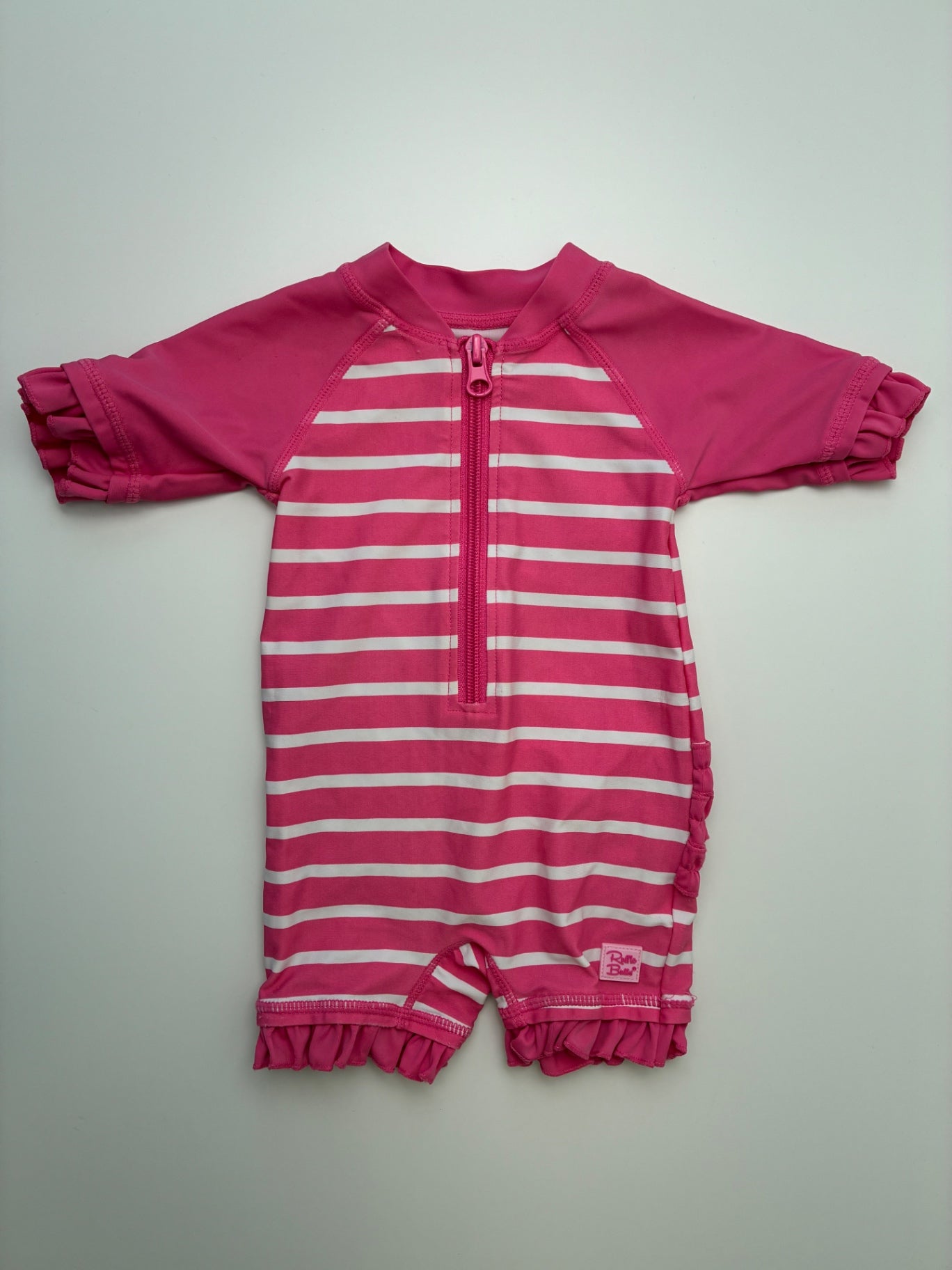 Ruffle Butts Swimsuit - Pink Striped Rash Guard | size 3 - 6 Months