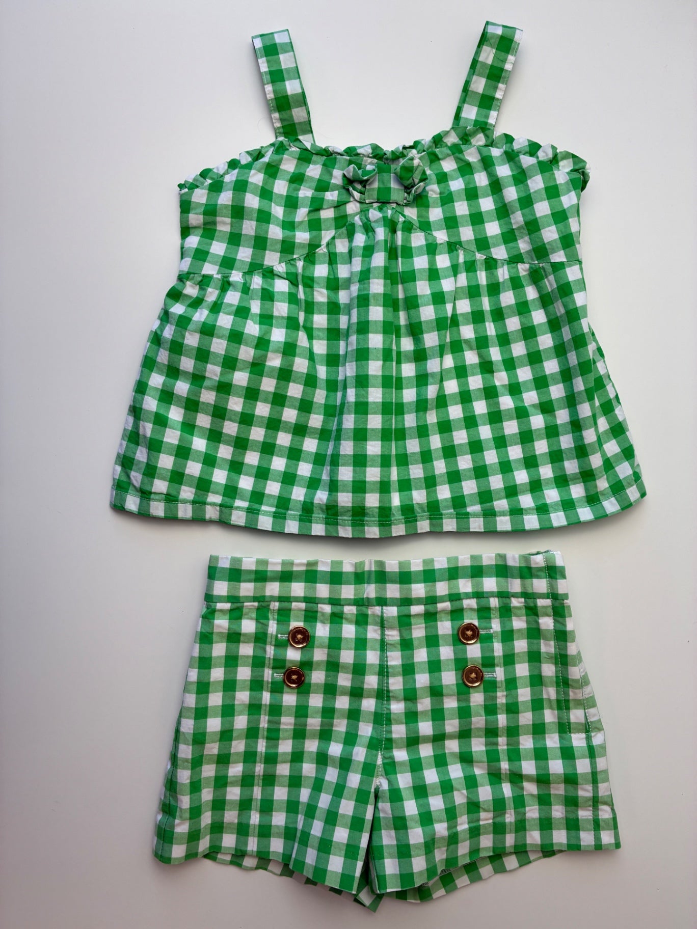 Janie and Jack 2 Piece Ensemble - Green Gingham Sleeveless Blouse + Shorts | size 3T