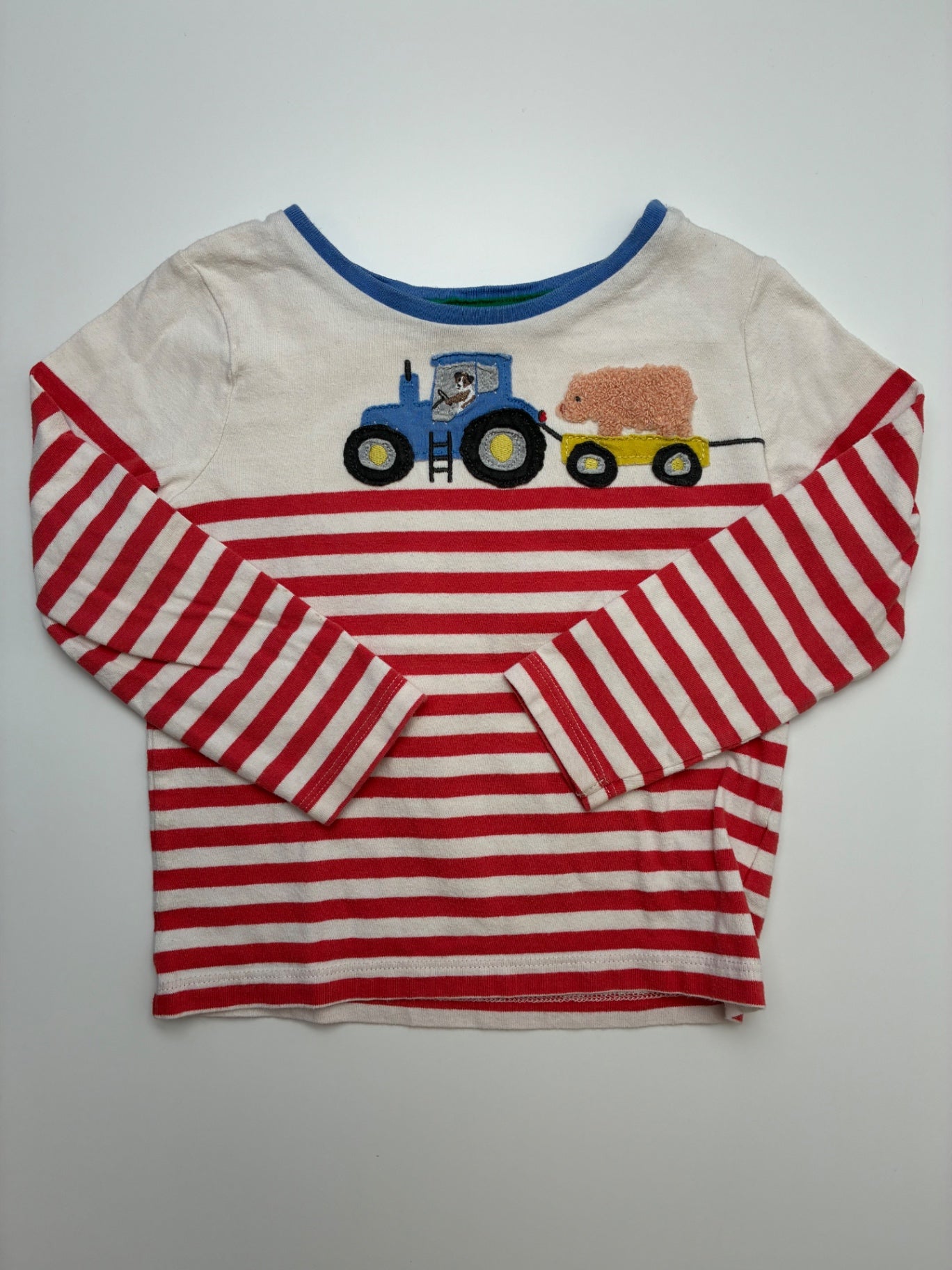 Baby Boden Long Sleeve T-Shirt - Red Striped + Tractor | size 2T/3T