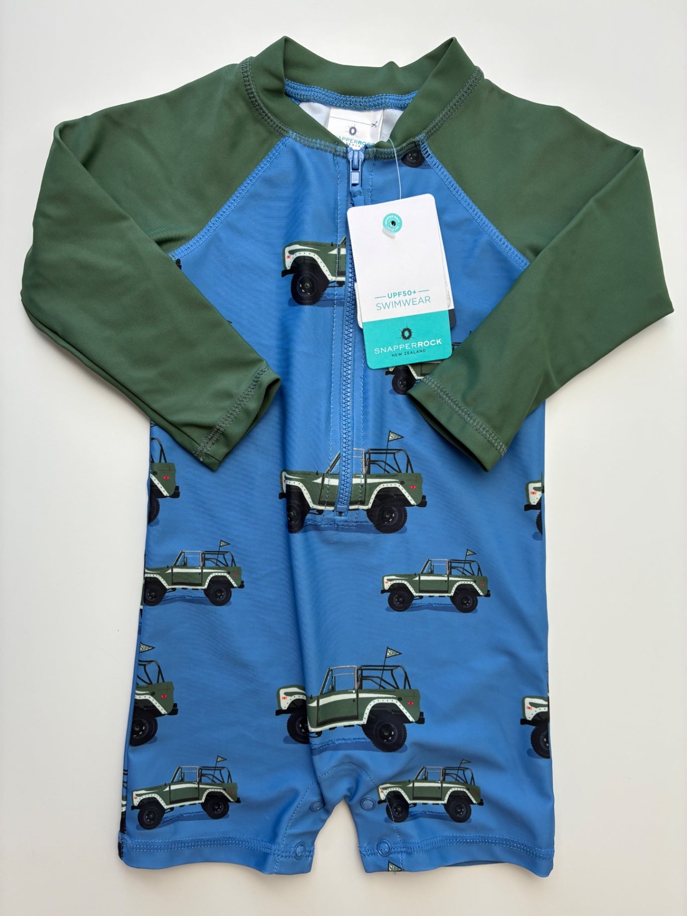 Snapperrock Swimsuit - Blue Safari Truck Sunsuit UPF 50+ | size 6 - 12 Months