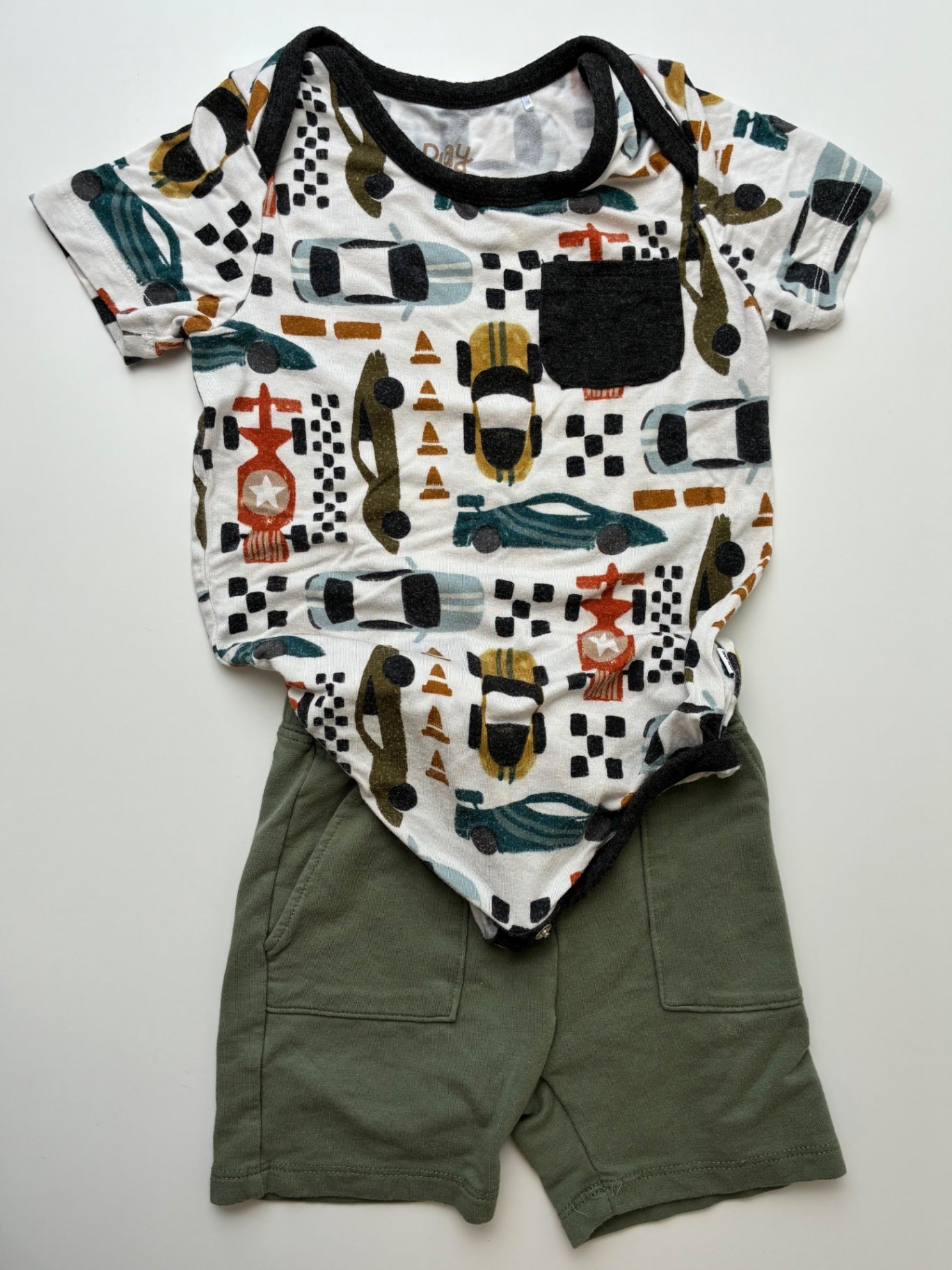 Little Sleepies 2 Piece Ensemble - Multicolor Cars Bodysuit + Shorts | size 18 - 24 Months