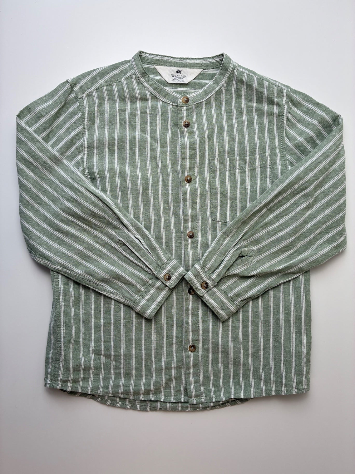 H&M Shirt - Green Striped Band Collar Button Up | size 6
