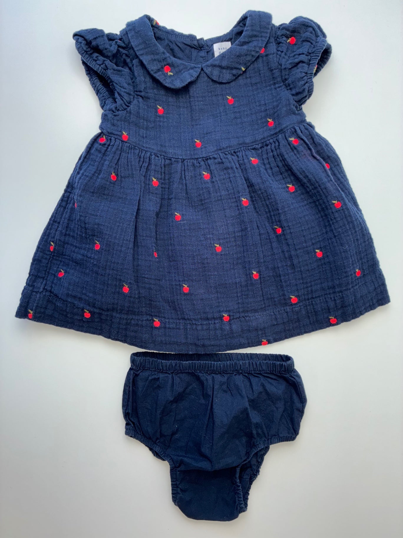 Baby Gap Dress - Navy Blue Apple Embroidery Muslin + Bloomers | size 12 - 18 Months