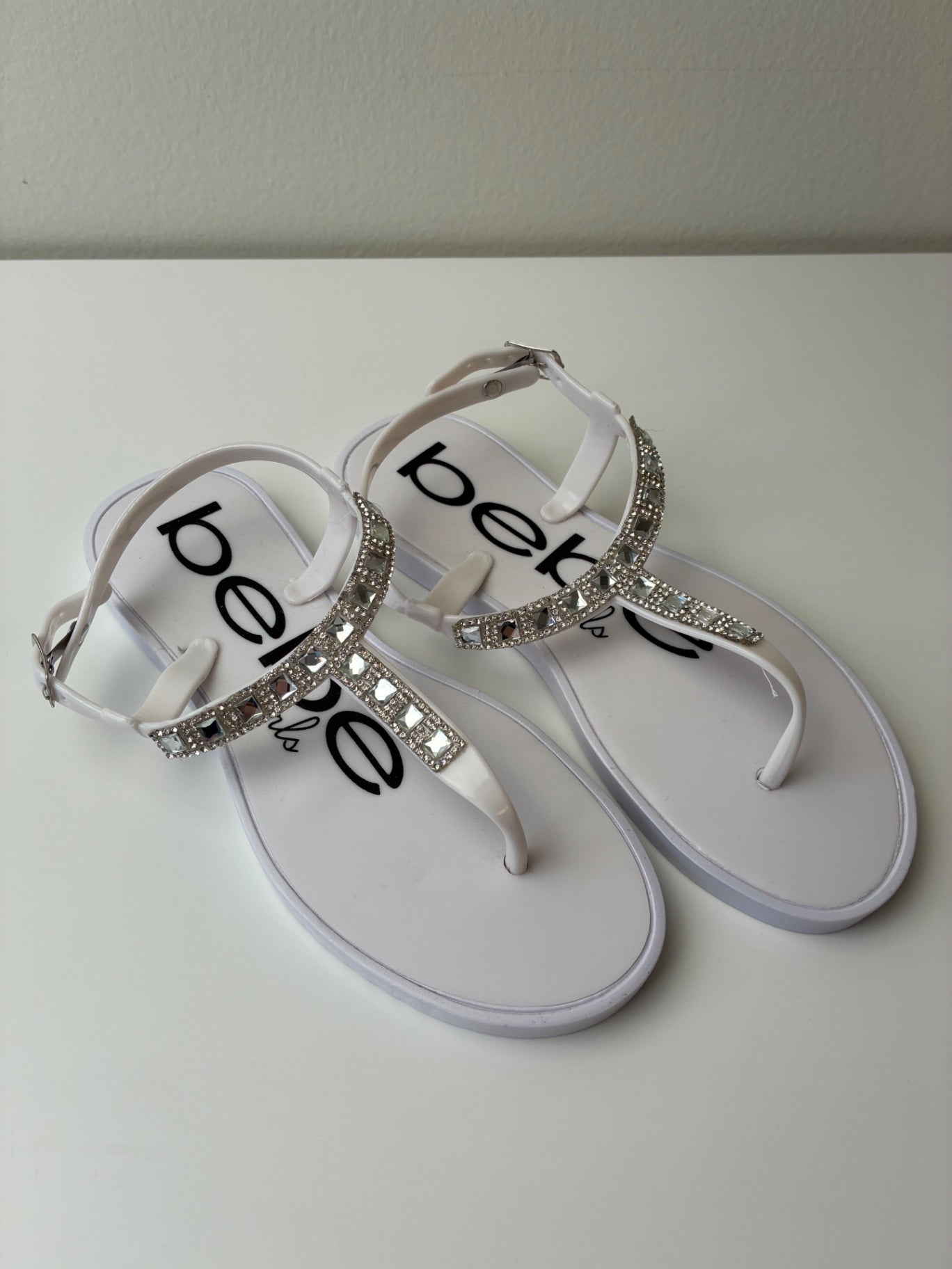 bebe Shoes - White Rhinestone Sandals | size Shoe 2/3
