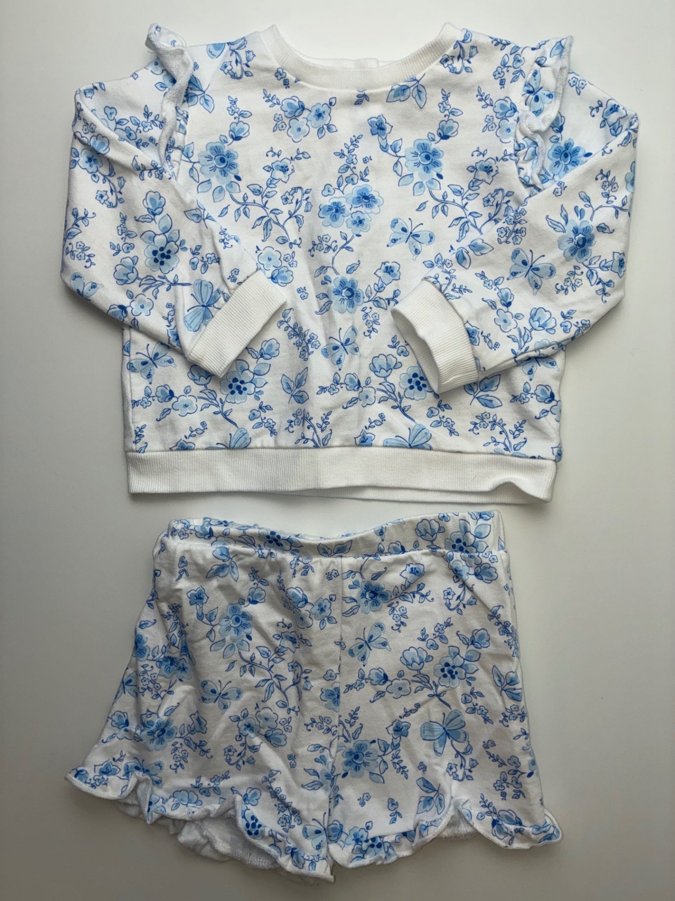 Little Me 2 Piece Ensemble - Blue Floral Crewneck + Shorts | size 24 Months