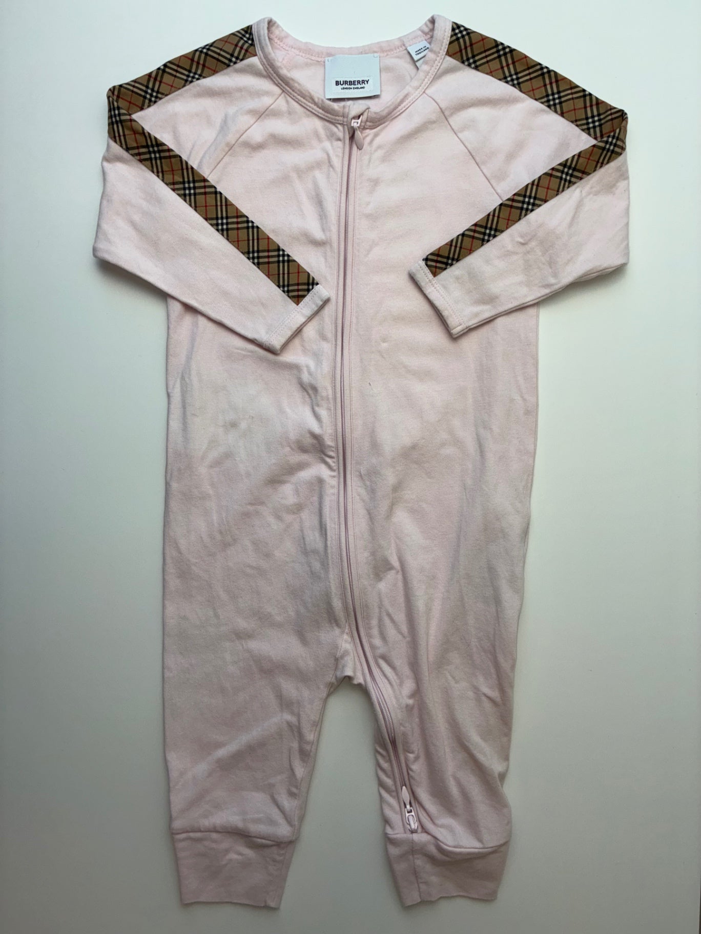 Burberry Onesie - Pink Plaid Accents | size 18 Months