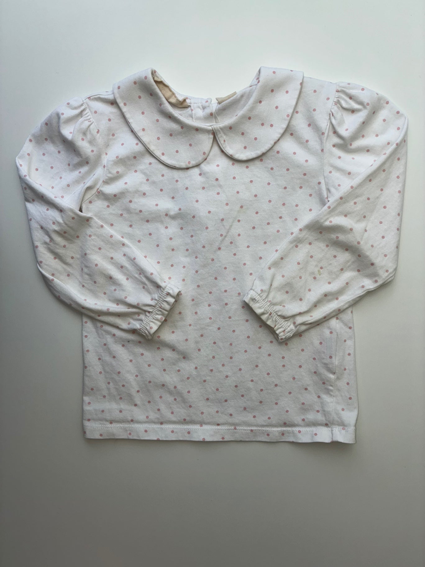 Dotty Dungarees Shirt - White Polka Dot + Peter Pan Collar | size 3T/4T