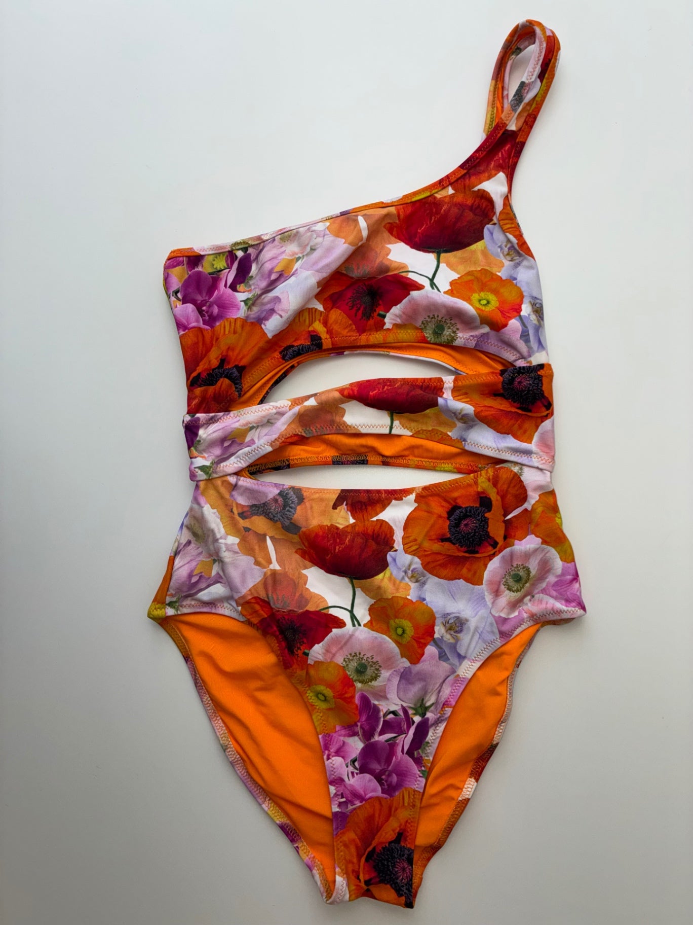 Aerie Swimsuit - Orange Floral One Shoulder Cut-Out One Piece (Adult Size XXS) | size 12/14