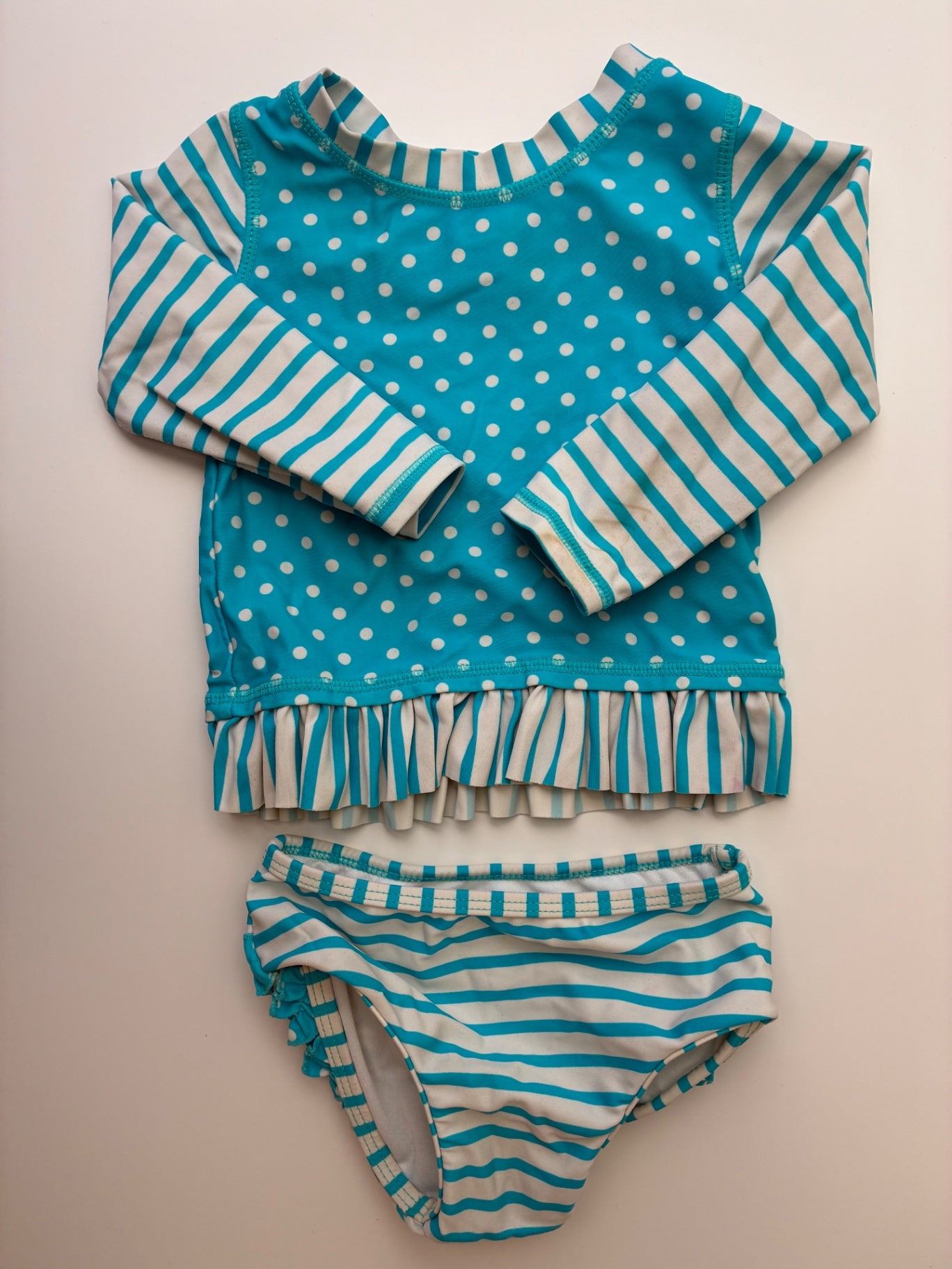 Ruffle Butts Swimsuit - Blue Stripes Polka Dots Rashguard + Bottoms | size 12 - 18 Months