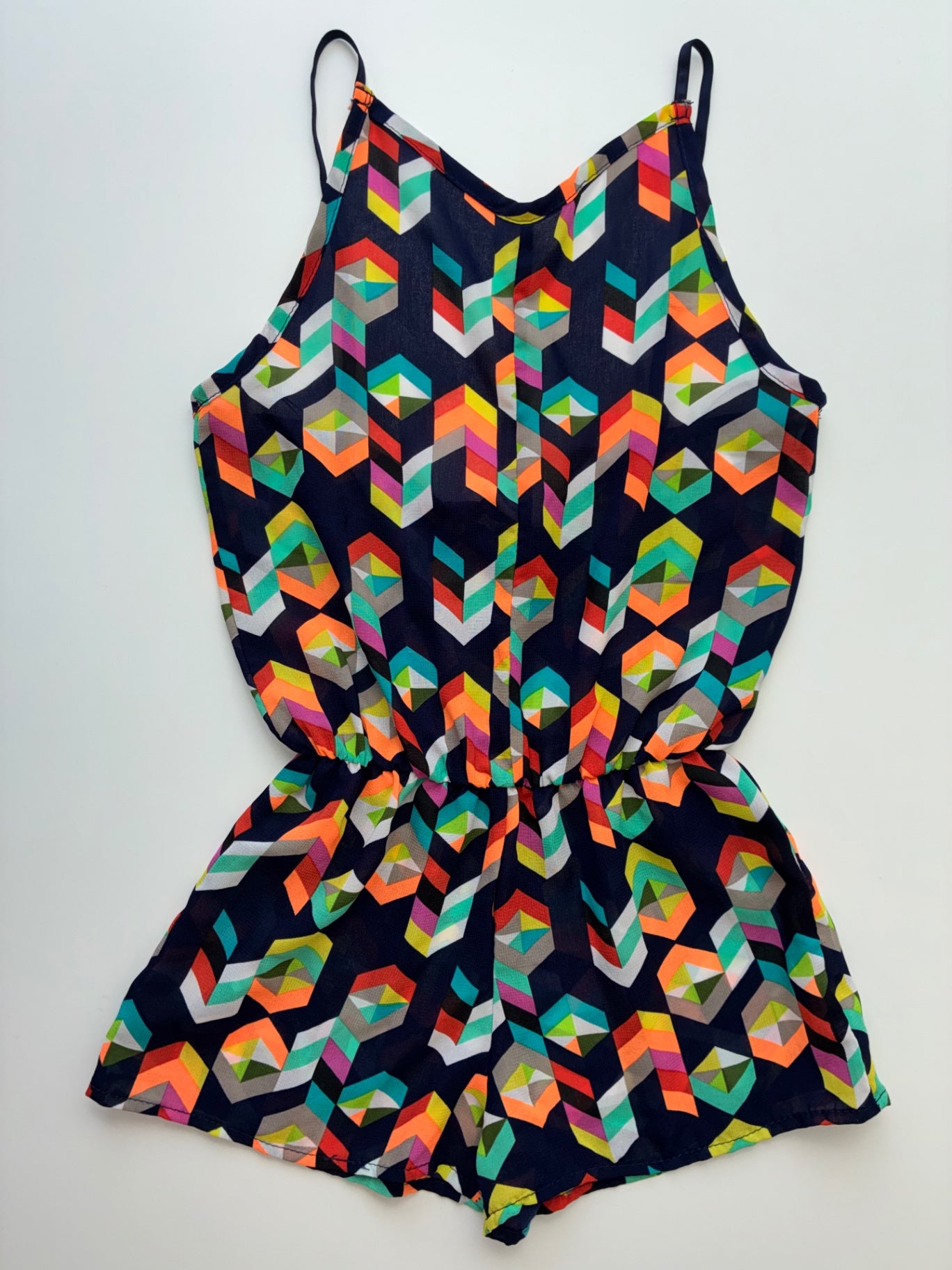 Play Six Romper - Multicolor Geometric Pattern Sheer | size 14