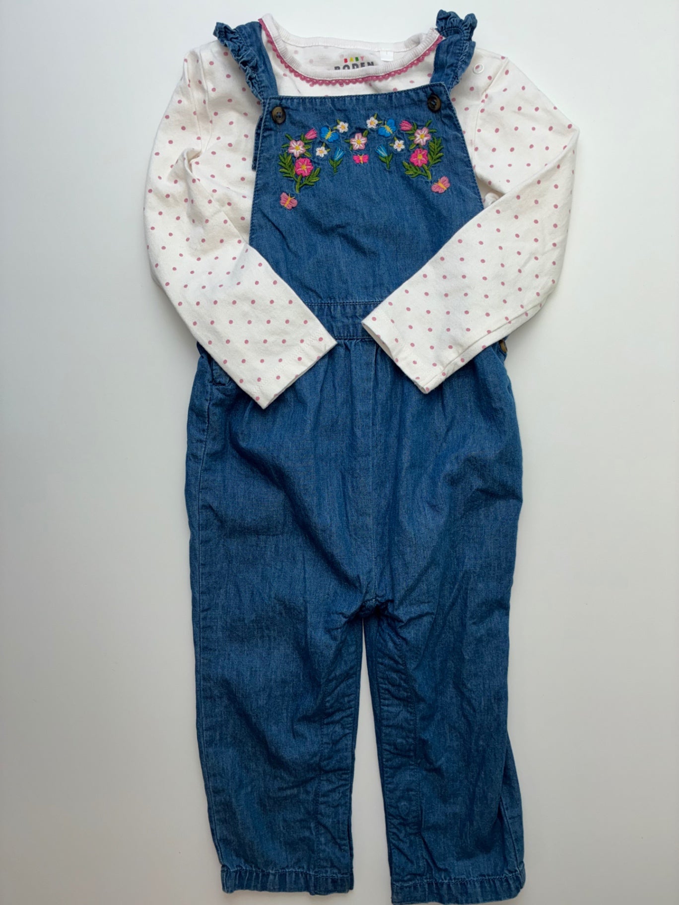 Baby Boden 2 Piece Ensemble - Blue Polka Dot Long Sleeve + Chambray Overalls | size 18 - 24 Months