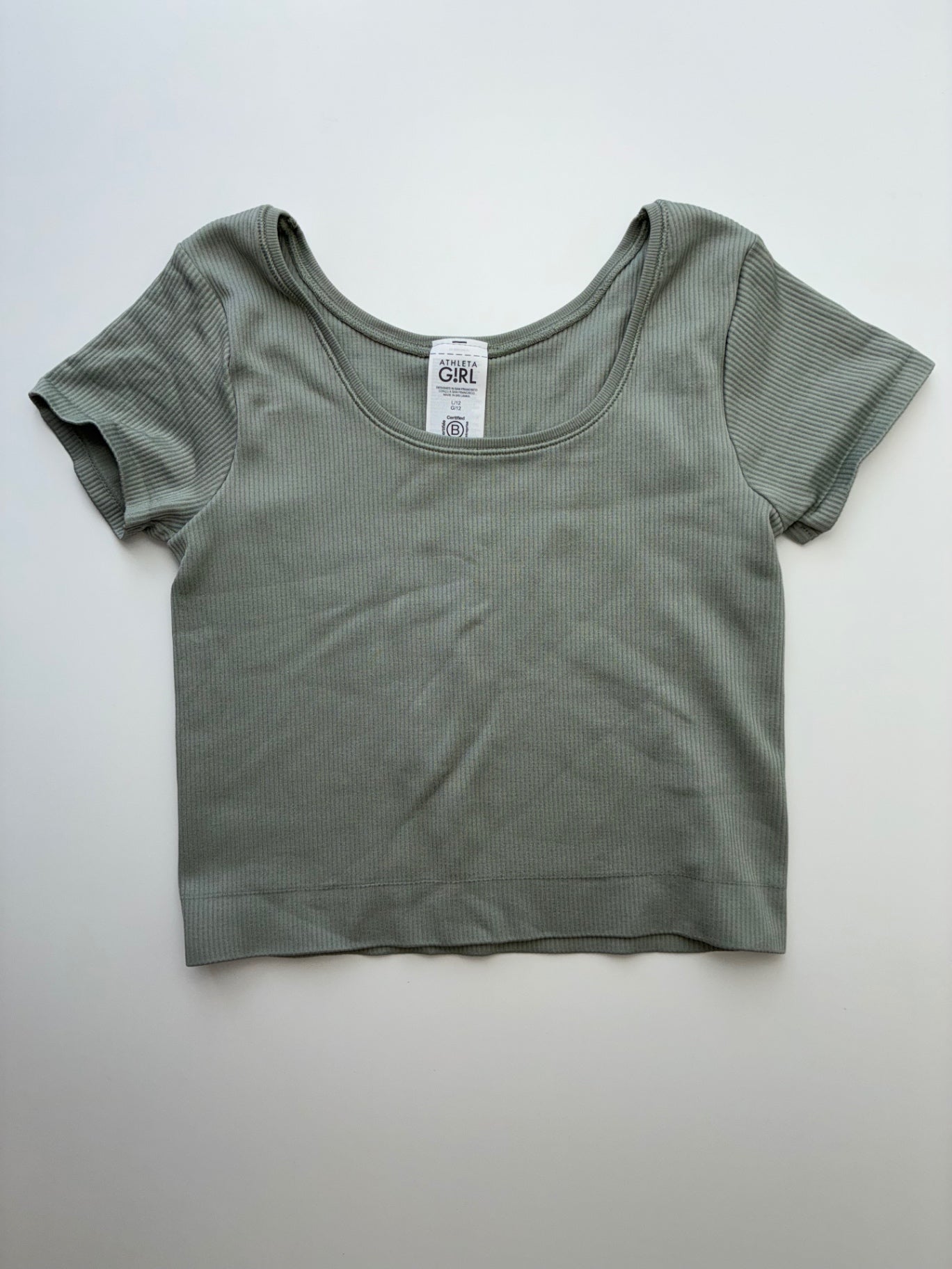 Athleta Girl Shirt - Green Ribbed Scoop Neck Crop | size 12
