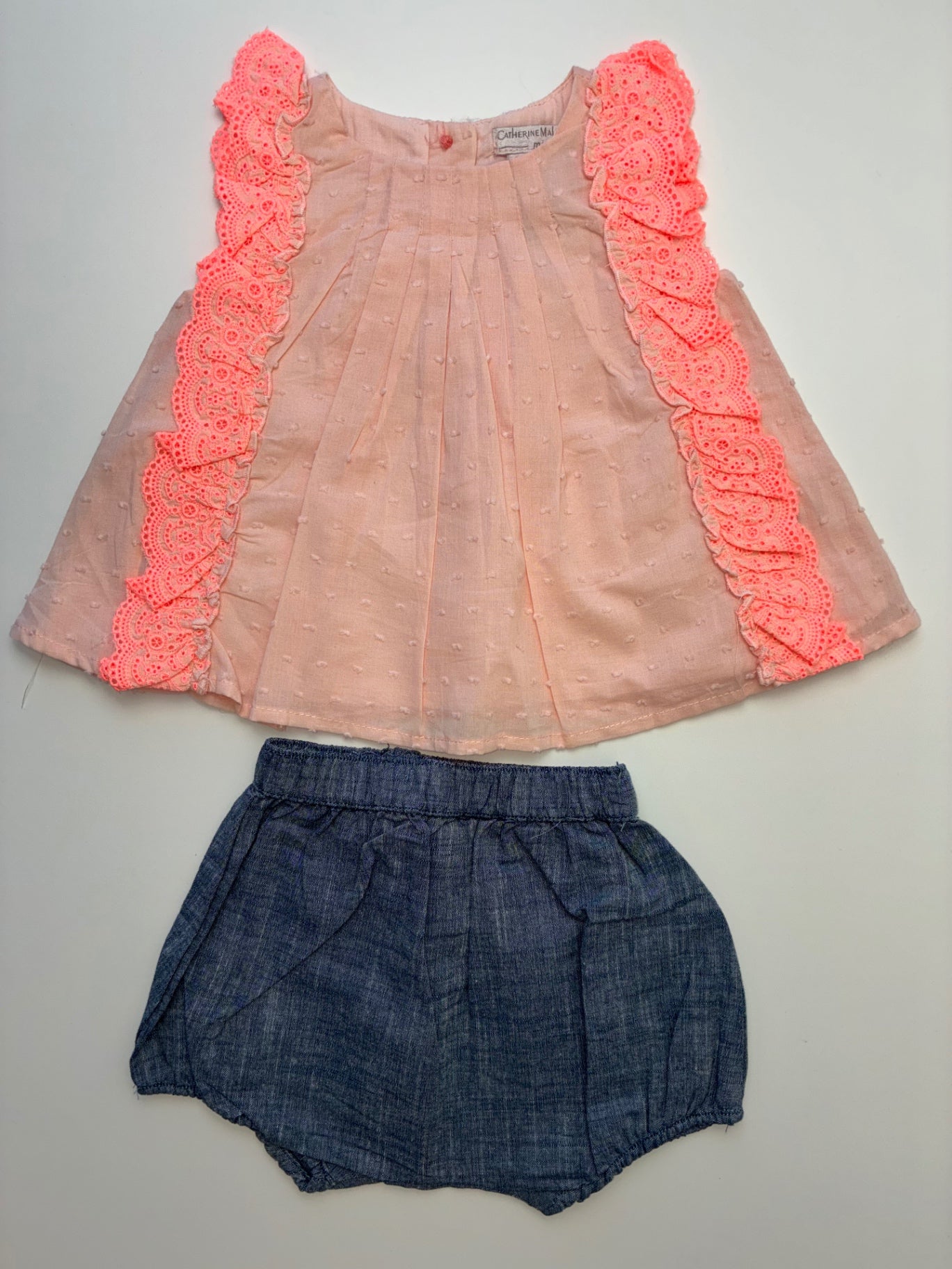 Catherine Malandrino T-Shirt - Pink Lace Trim Blouse + Chambray Shorts | size 6 - 9 Months
