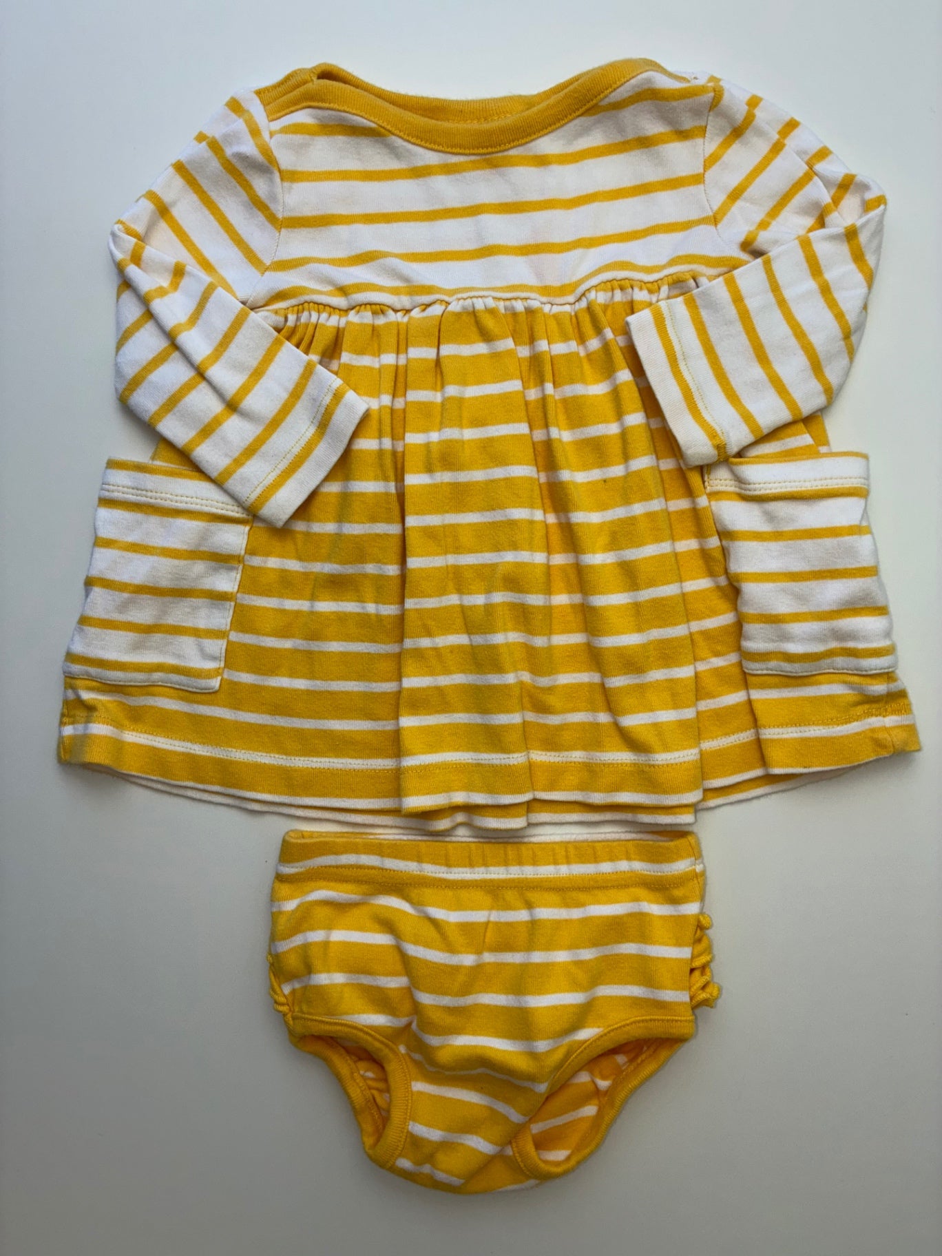 Hanna Andersson 2 Piece Ensemble - Yellow Striped Dress + Bloomers | size 6 - 12 Months