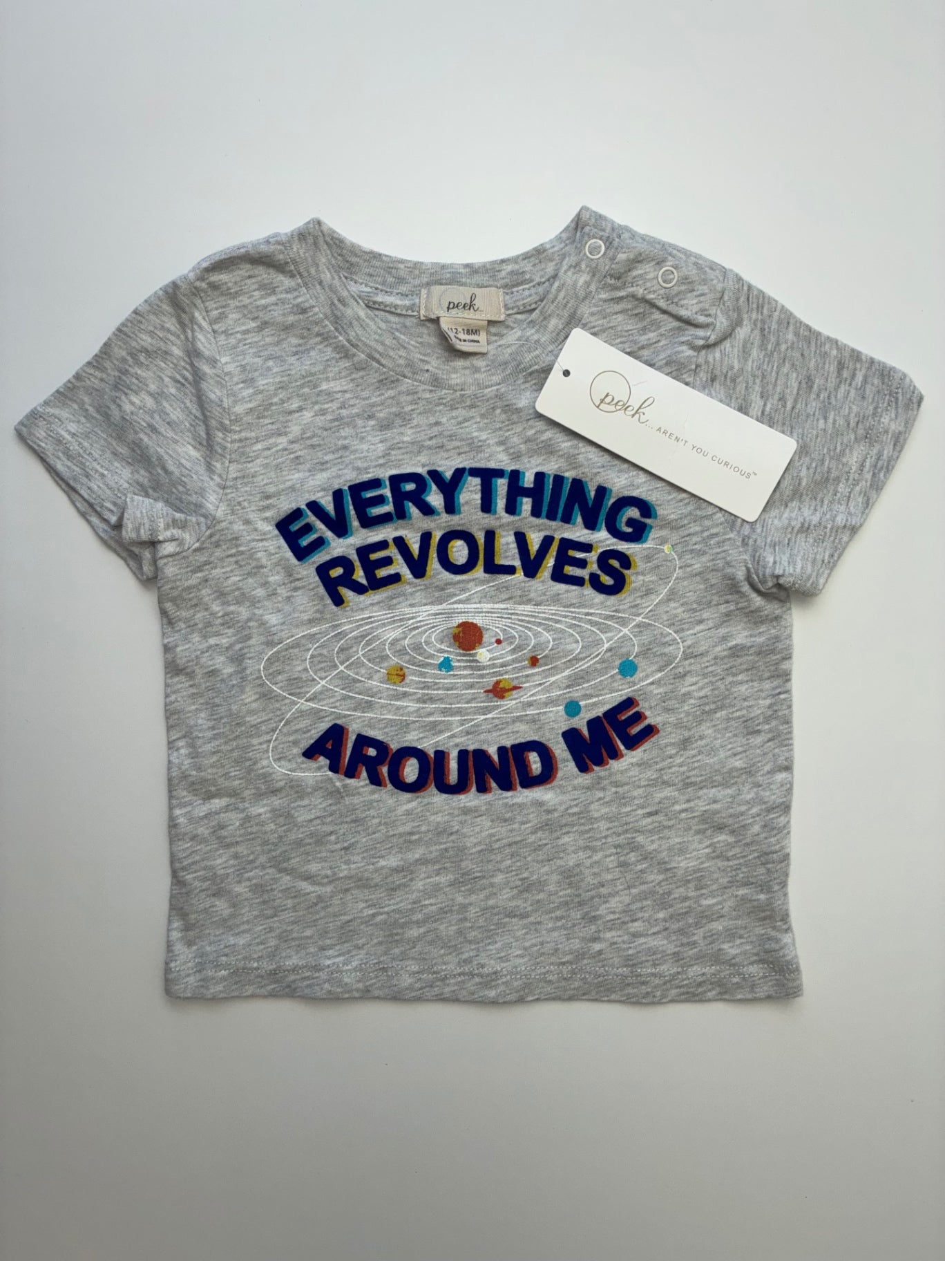 Peek T-Shirt - Gray Solar System Graphic | size 12 - 18 Months