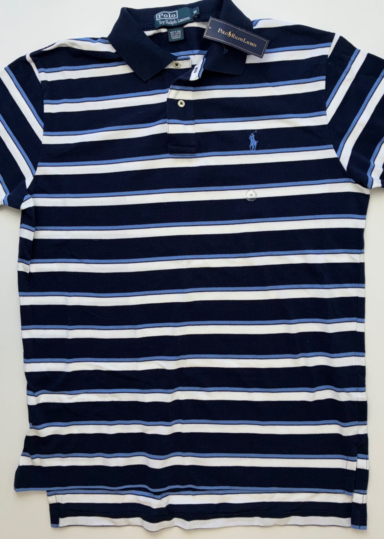 Polo Ralph Lauren Shirt - Navy Blue Striped Polo (Adult Size M) | size Men’s M