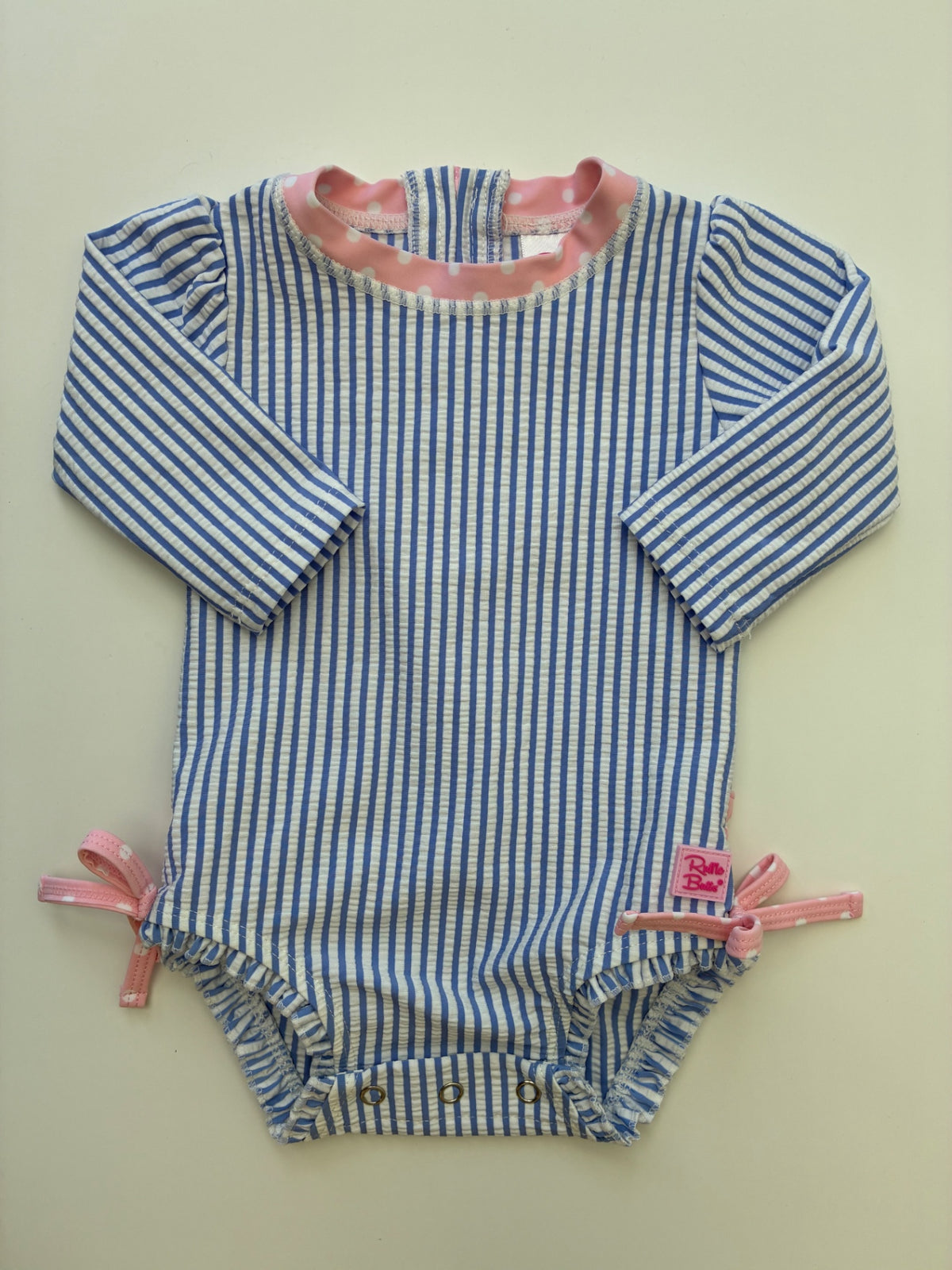 Ruffle Butts Swimsuit - Blue Striped Rashguard One Piece | size 3 - 6 Months