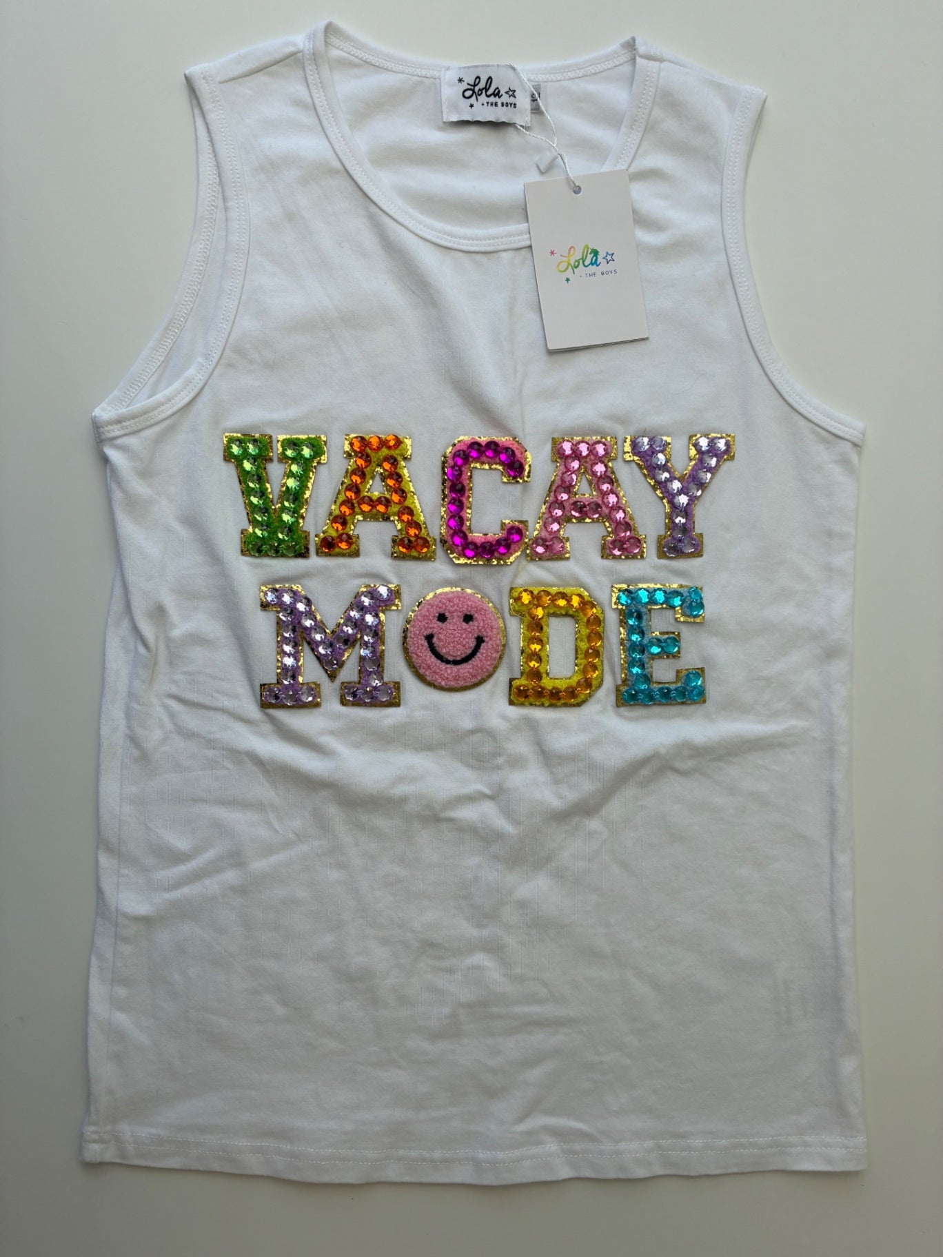 Lola & The Boys Tank Top - White 'Vacay Mode' Rhinestones | size 12