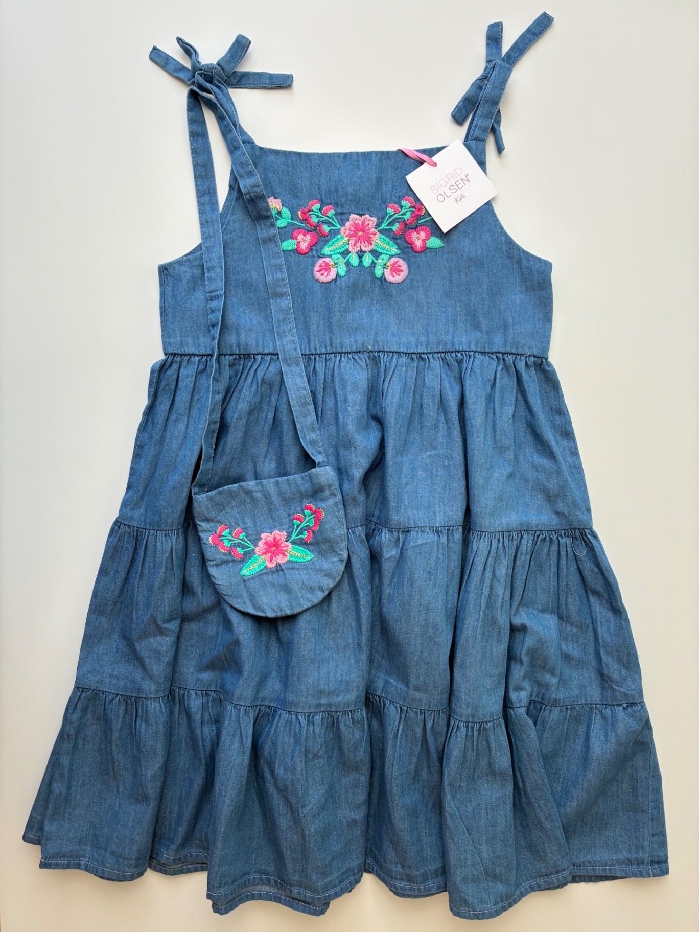 Sigrid Olsen Dress - Blue Chambray Flower Embroidery + Purse | size 7