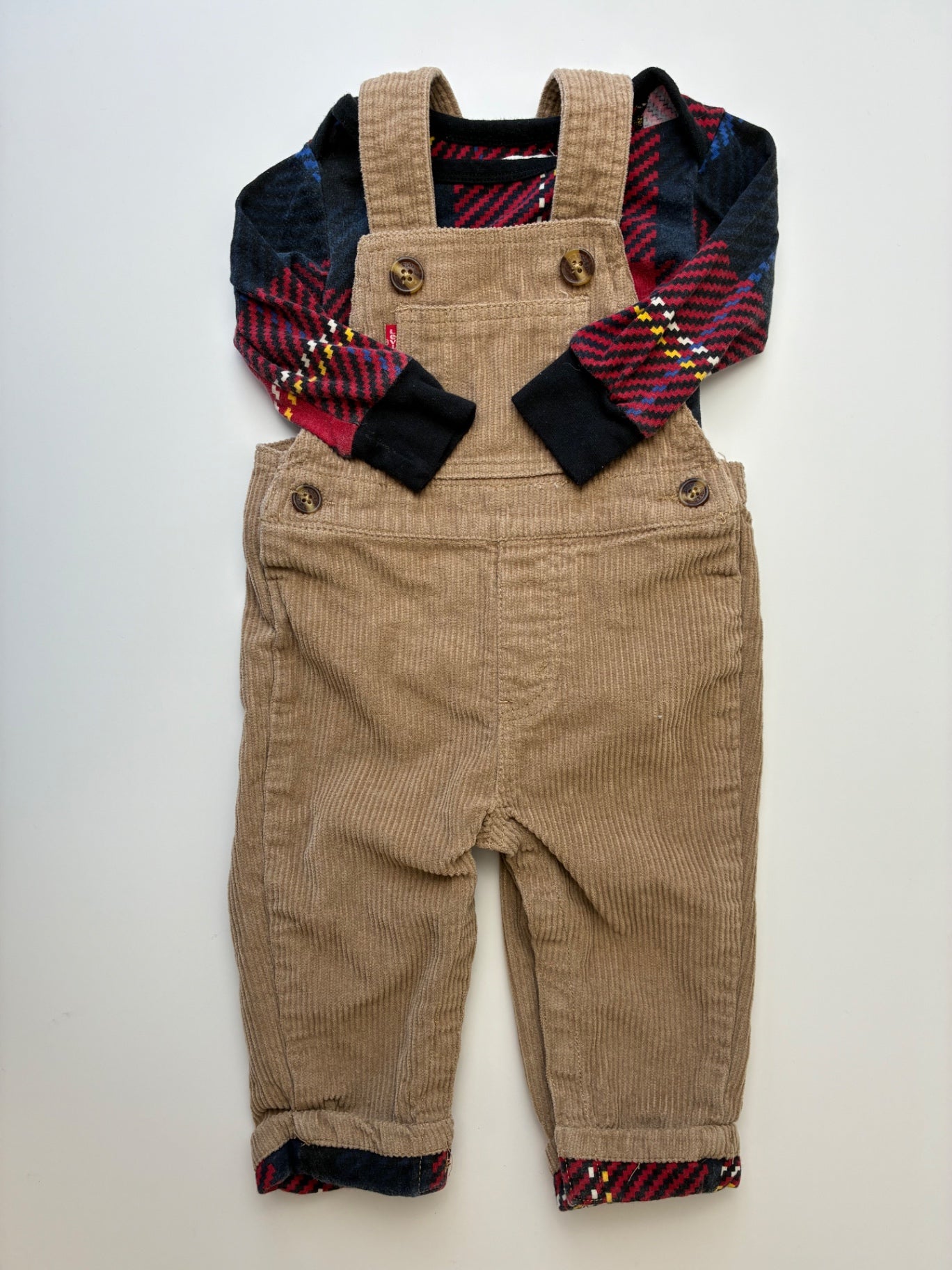 Levi's 2 Piece Ensemble - Red/Brown Plaid Bodysuit + Corduroy Overalls | size 12 Months