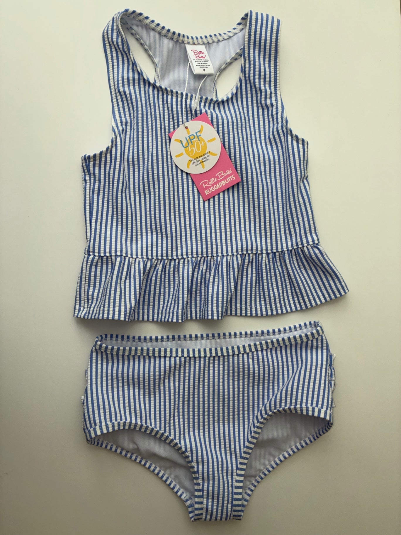 Ruffle Butts Swimsuit - Blue Seersucker Tankini | size 8