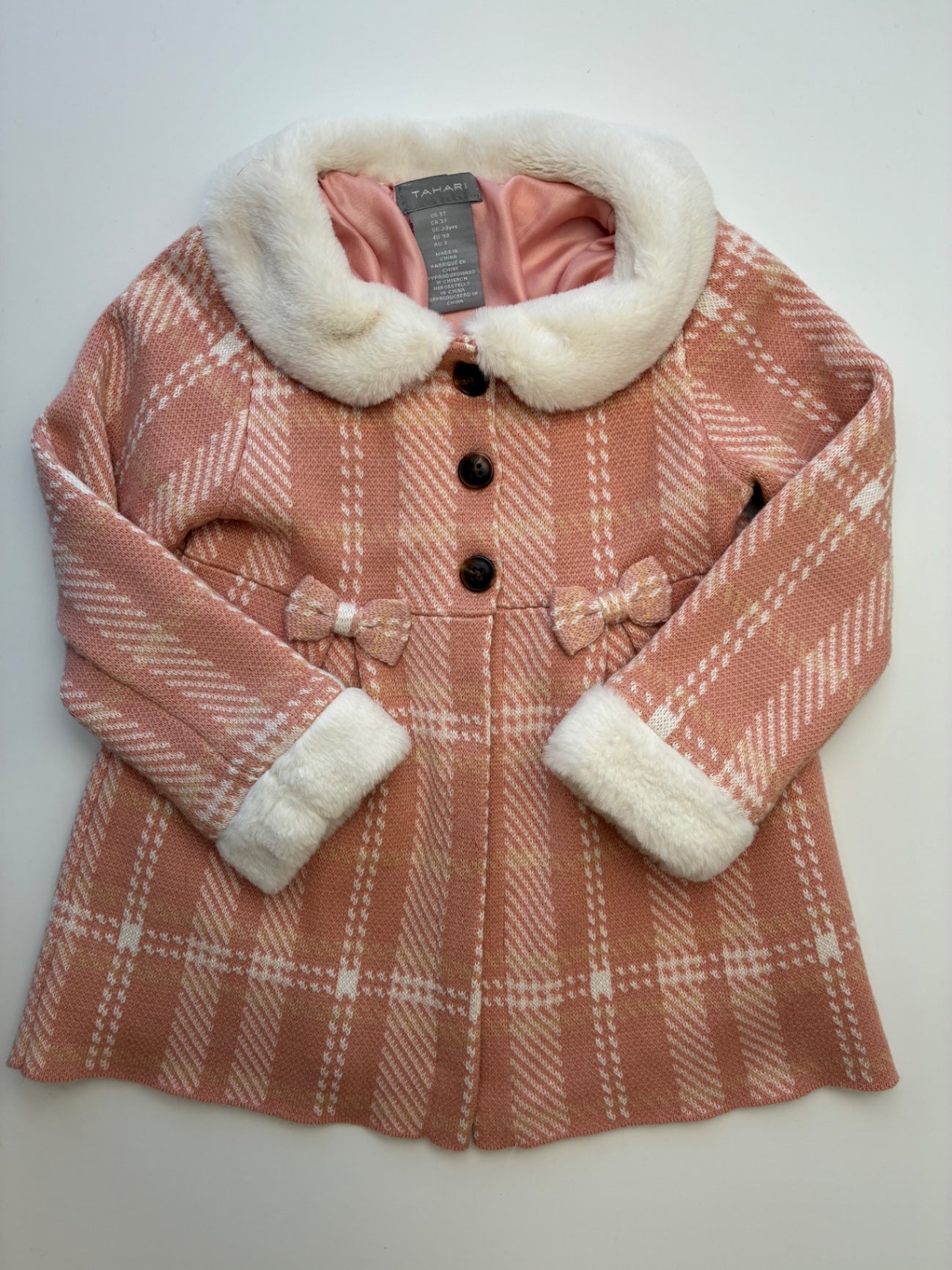 Tahari Coat - Pink Knit Plaid w/ Fur Collar | size 3T