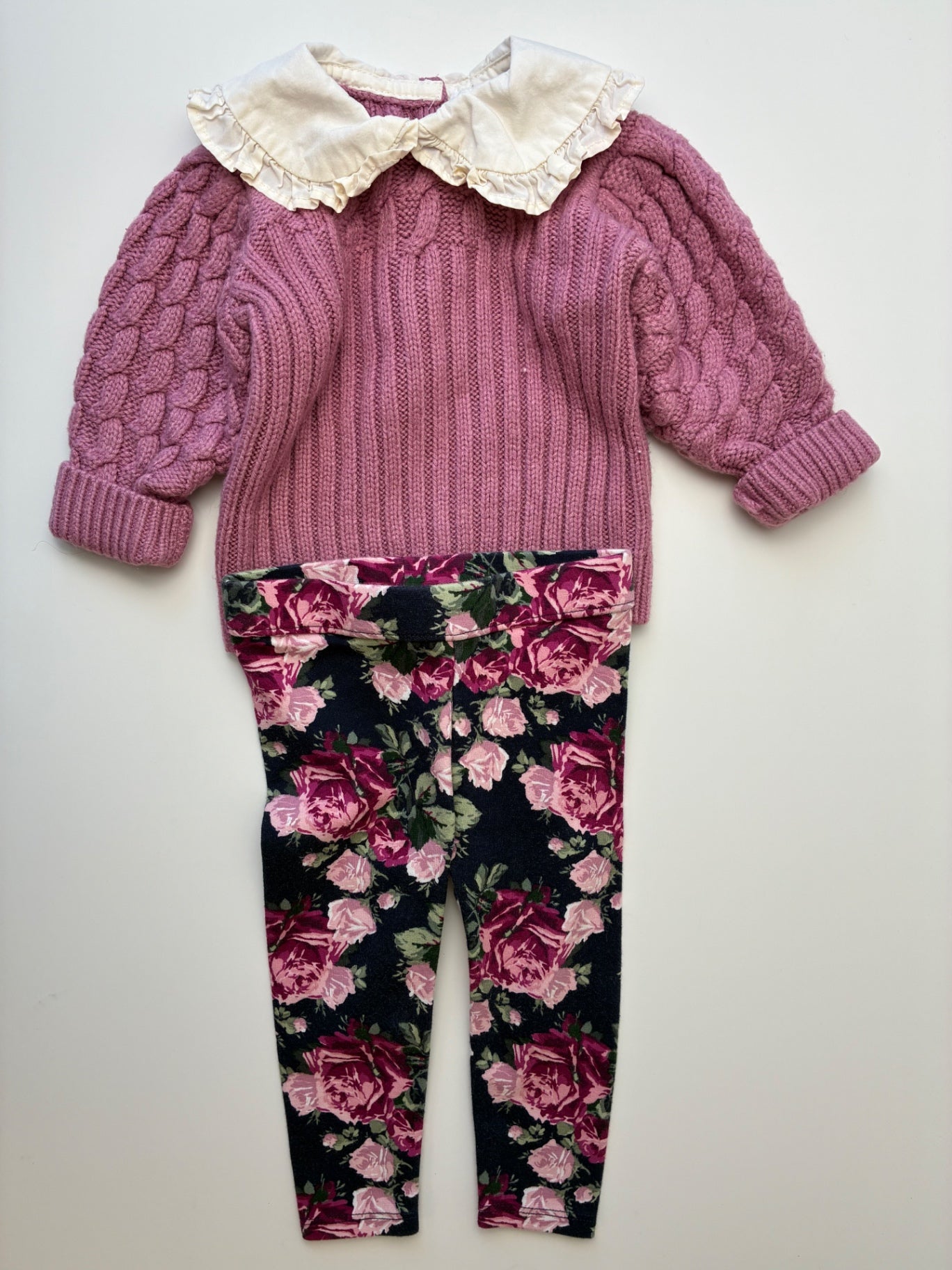 Janie and Jack 2 Piece Ensemble - Pink Sweater + Floral Leggings | size 6 - 12 Months