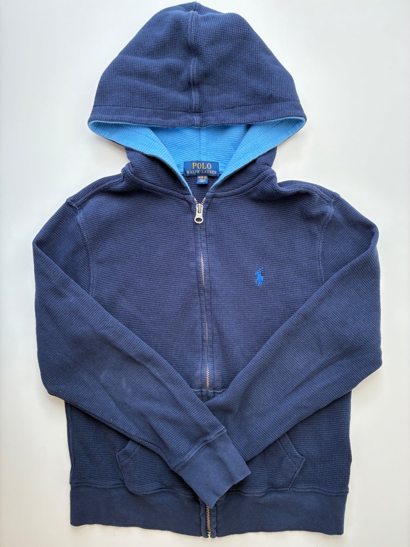 Polo Ralph Lauren Sweatshirt - Navy Blue Waffle Knit Zip Up Hoodie | size 10/12