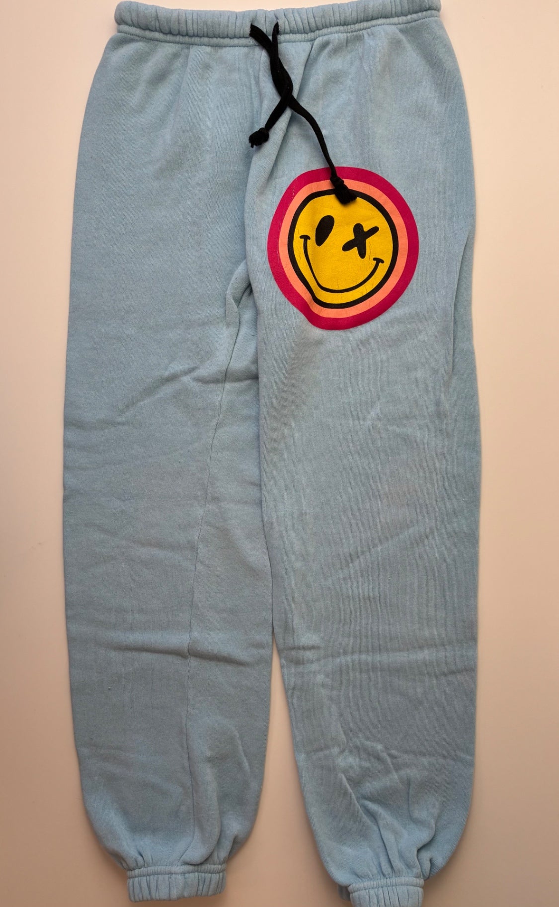 Love Junkie Sweatpants - Blue Smiley Face Joggers | size 14
