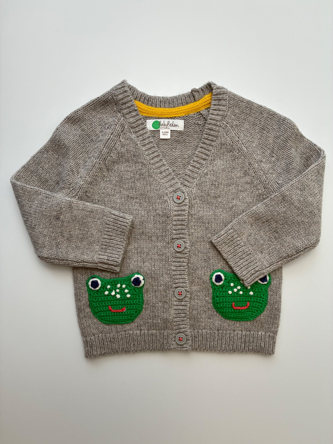 Baby Boden Sweater - Gray Frog Pocket Cardigan | size 6 - 12 Months