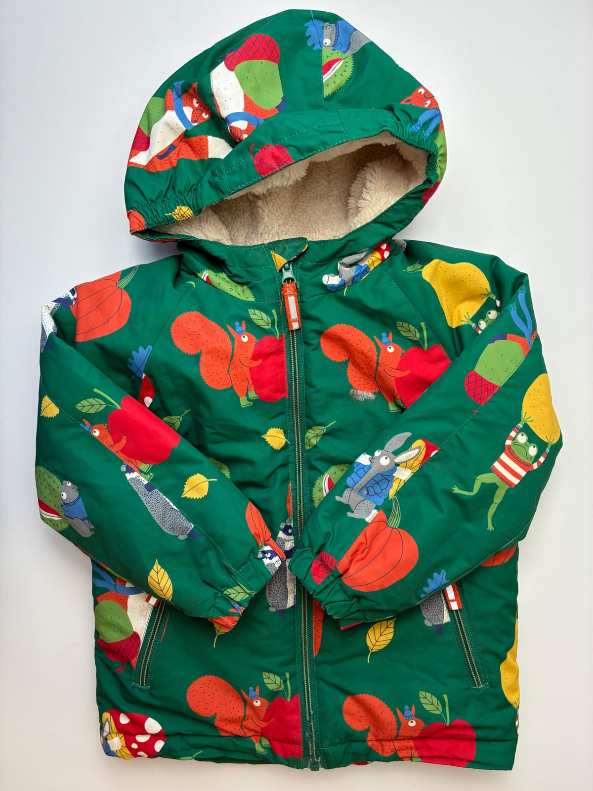 Mini Boden Coat - Green Forest Animals Sherpa Lined | size 3T/4T
