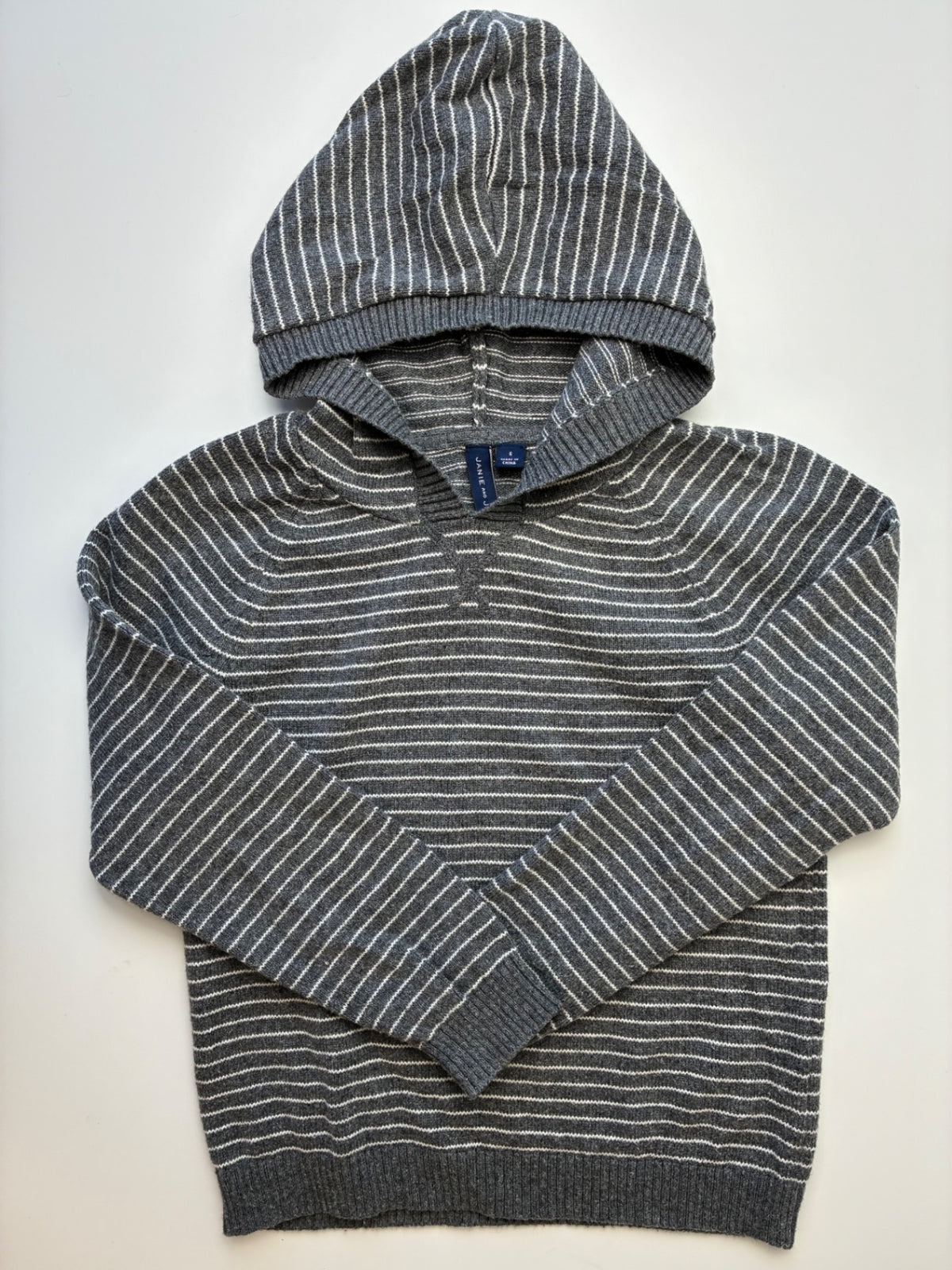 Janie and Jack Sweater - Gray Knit Striped w/ Hood | size 6