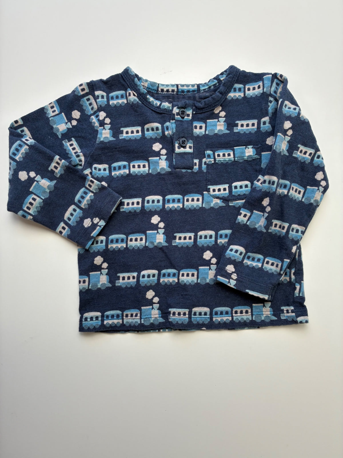 Monica + Andy Long Sleeve T-Shirt - Blue Long Sleeve Henley Train Pattern | size 2T