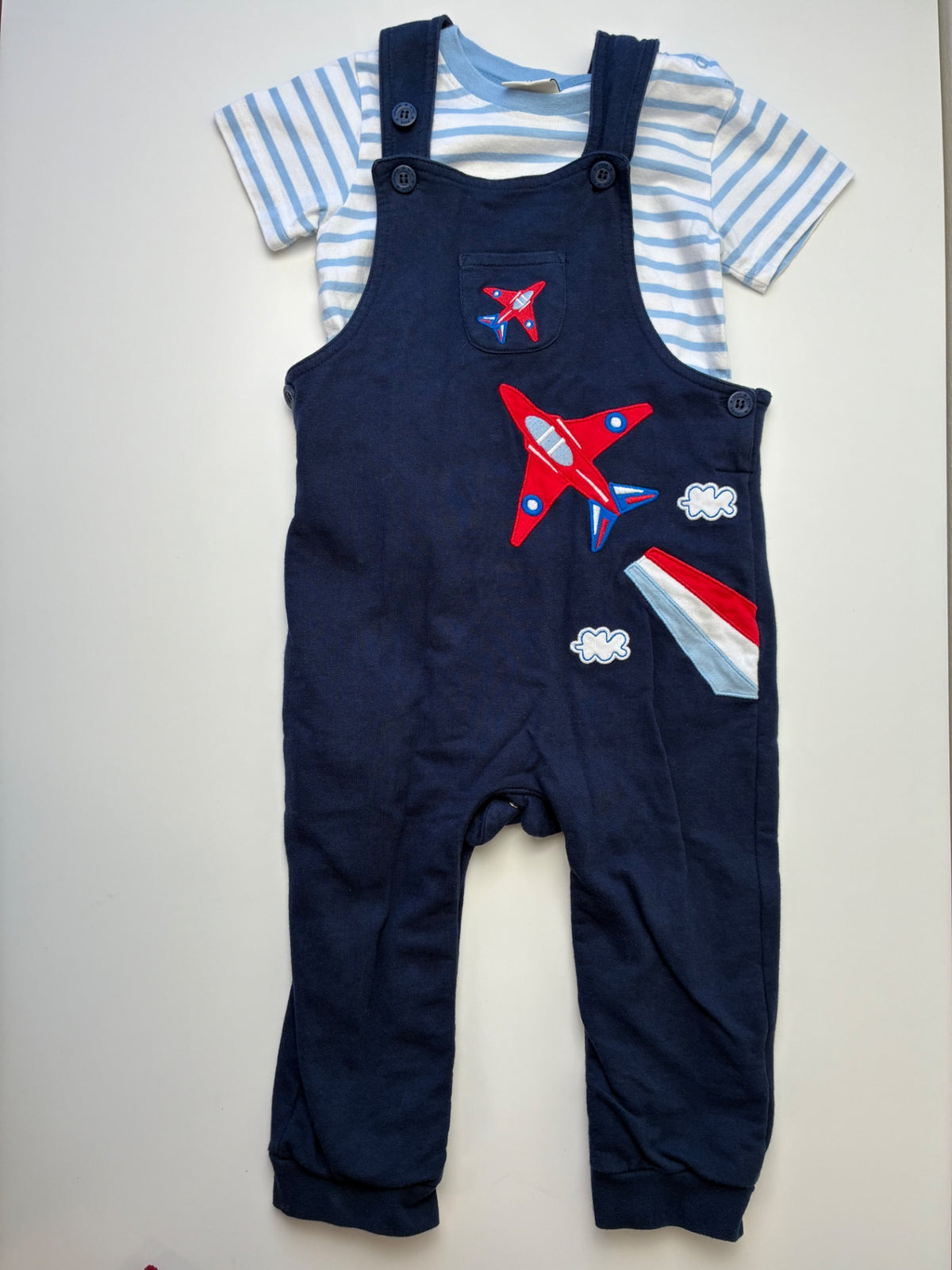 JoJo Maman Bebe 2 Piece Ensemble - Blue Embroidered Airplane Dungarees + T-Shirt Set | size 18 - 24 Months