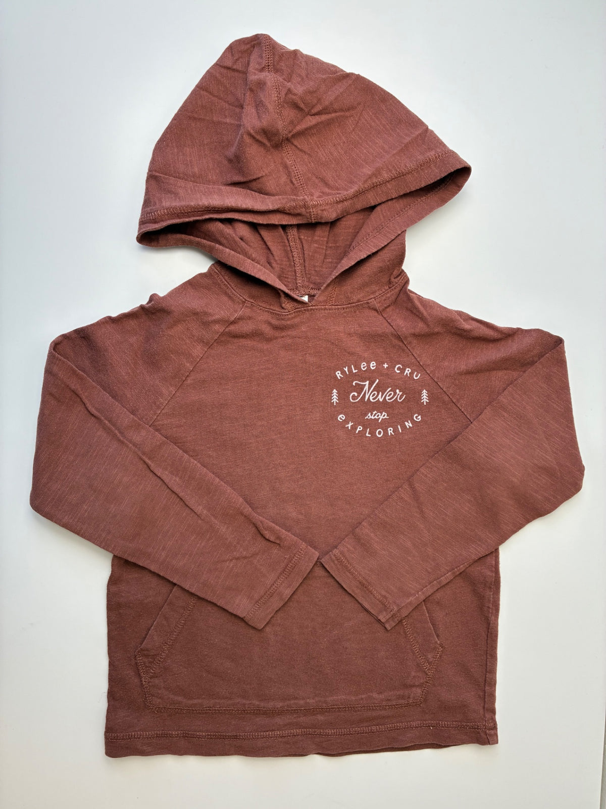 Rylee + Cru Long Sleeve T-Shirt - Brown 'Never Stop Exploring' w/ Hood | size 4T/5T