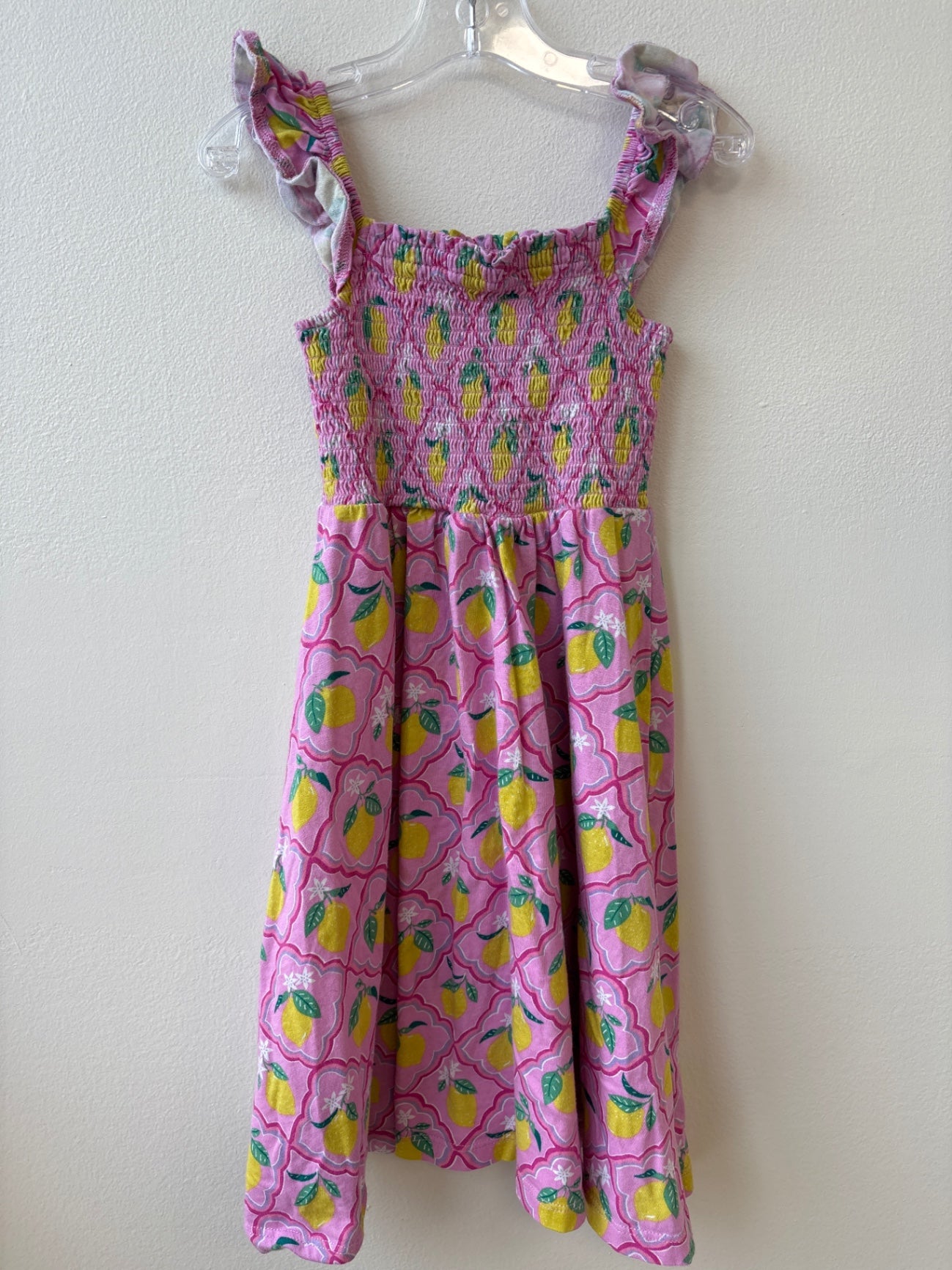 Mini Boden | 6/7 | Dress - Pink - Pink with Lemons and Shirring