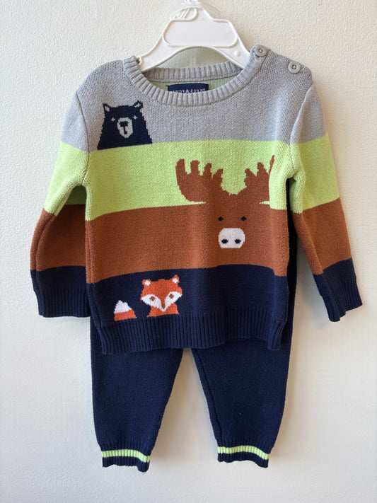 Andy & Evan | 9 - 12 Months | 2 Piece Ensemble - Navy - Sweater & Knit Pants with Animals
