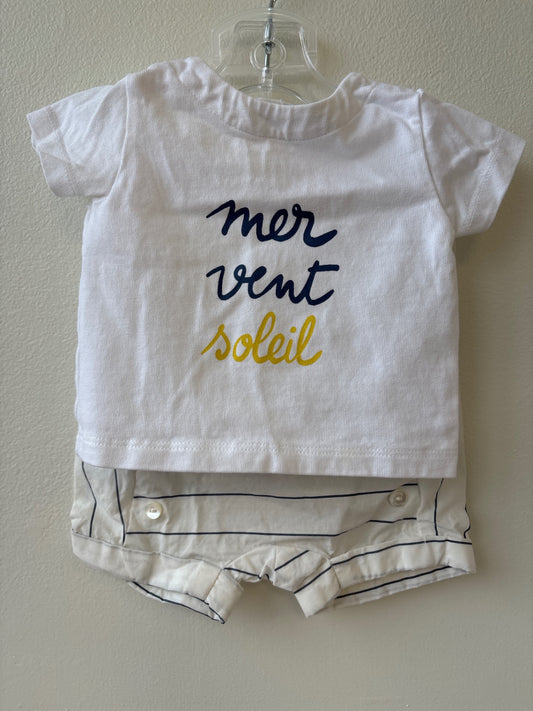 Jacadi | 0 - 3 Months | 2 Piece Ensemble - White - Mer Vent Soleil T-Shirt + Shorts