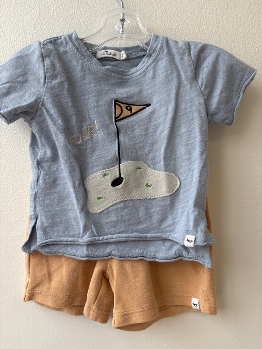 Oh Baby | 3 - 6 Months | 2 Piece Ensemble - Blue - T-Shirt + Shorts - Golf, Fore!