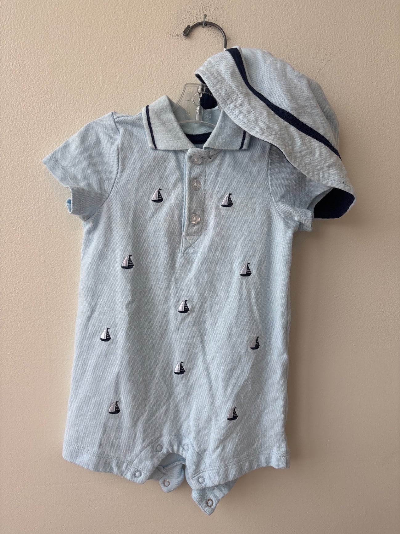 Little Me | 9 Months | 2 Piece Ensemble - Blue - Romper + Hat with Embroidered Sailboats